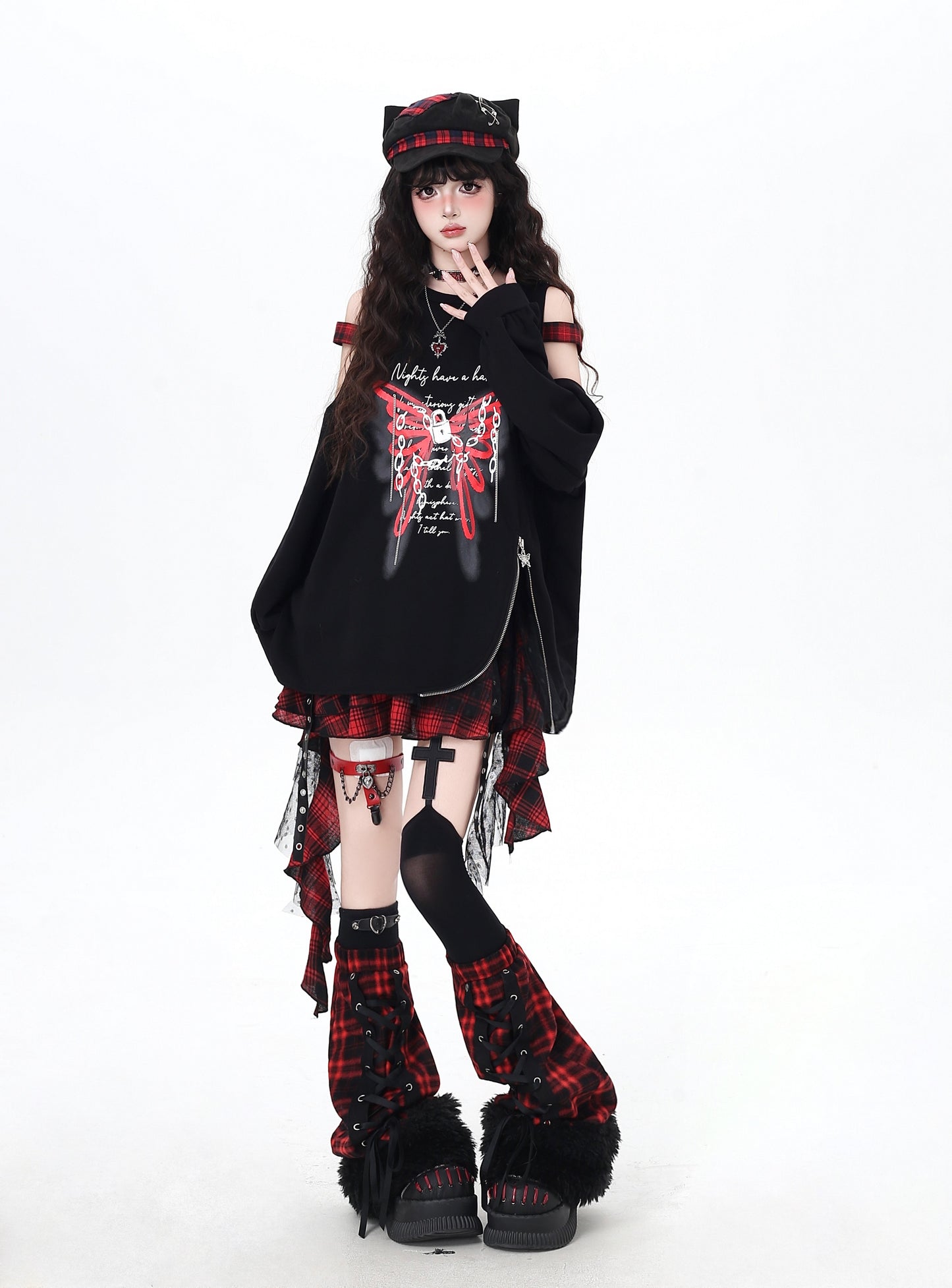 甘辛♡オフショル蝶柄タック袖スウェット