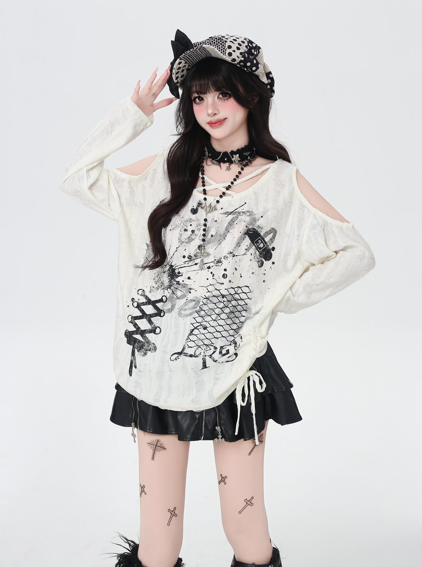 クロス紐×ドロスト オフショル ゆるロンT