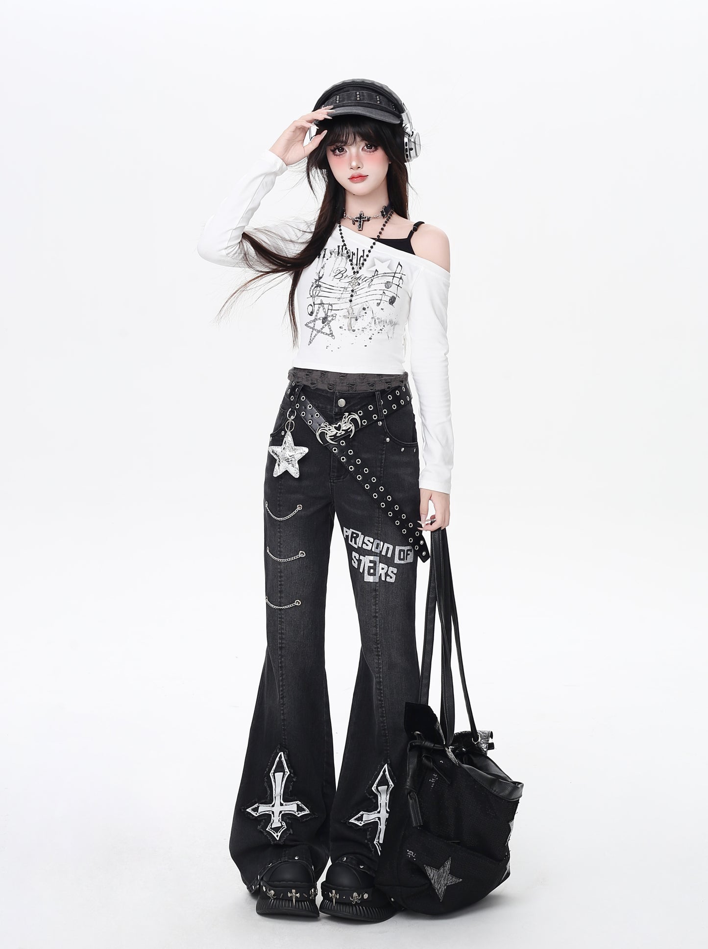 オリジナル甘辛Y2Kチェーンハイウエストデニムフレアパンツ