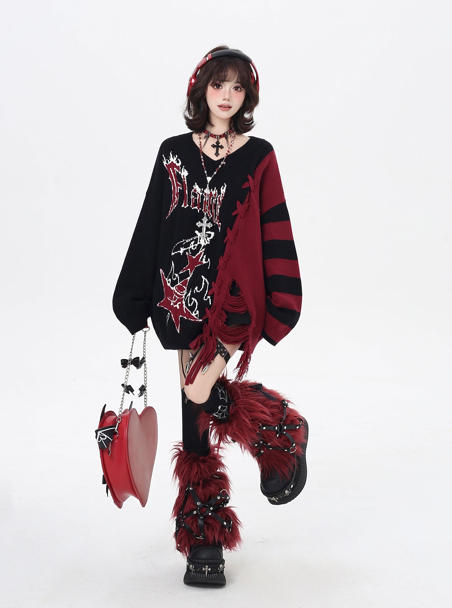 ゆるギャル系 Vネック配色リボンニット♡秋冬甘辛ミックス