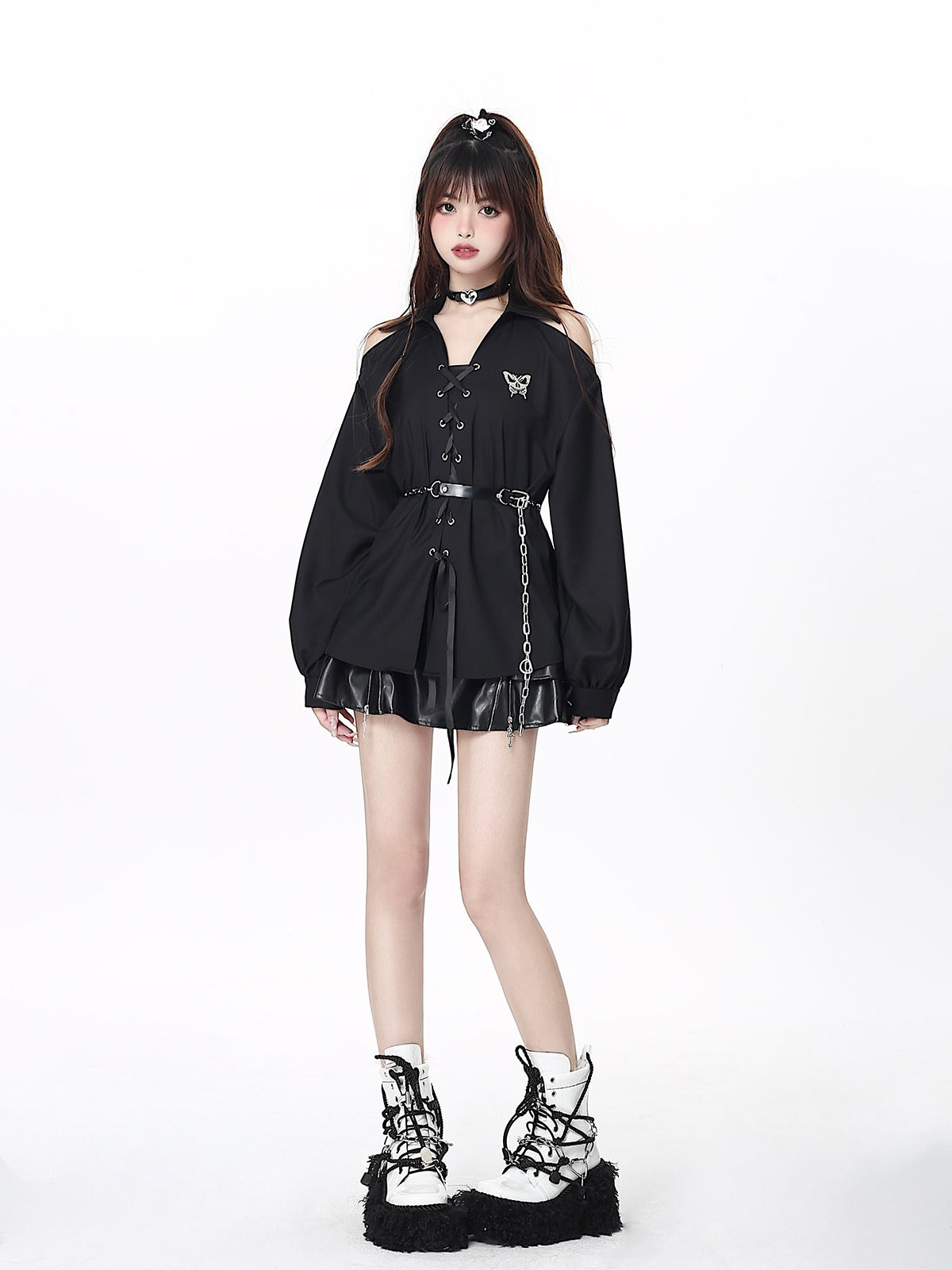 Long shirt with off-the-shoulder straps