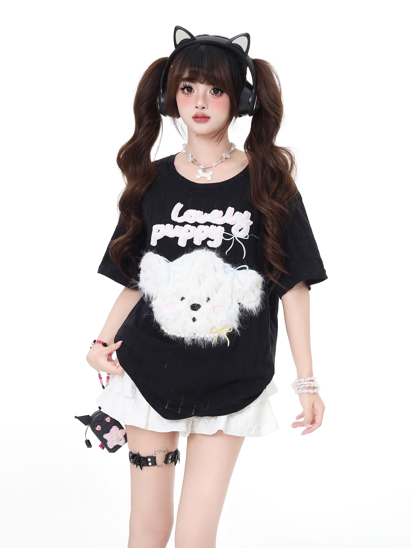 ふわふわ犬のデザインゆるTシャツ(微透け)