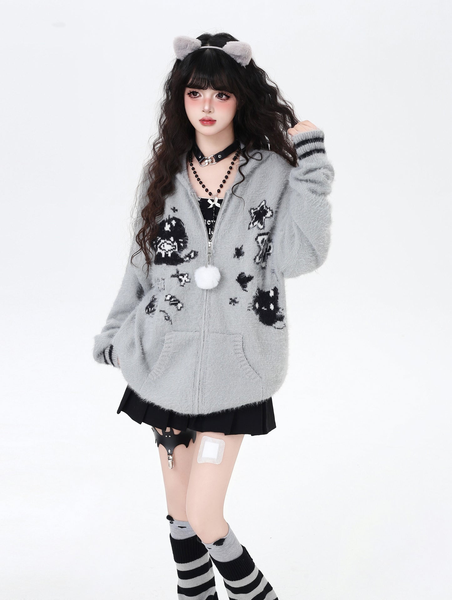 うさ耳フーディー付きゆるカワカーディガン秋冬