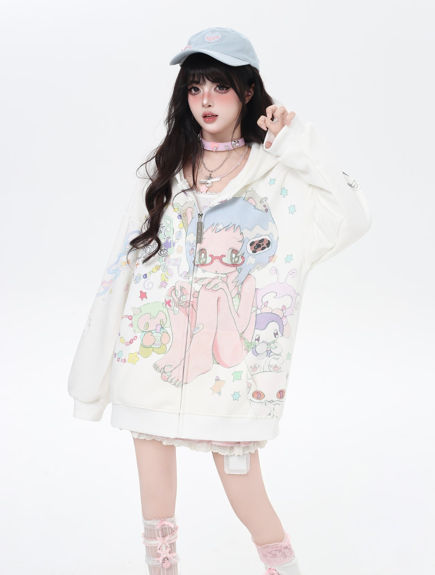水色ガーリー 二次元アニメプリントゆるパーカー 可愛い系