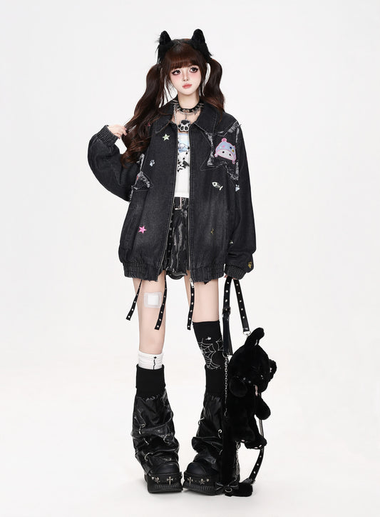 ねこワッペンヴィンテージデニムジップジャケット