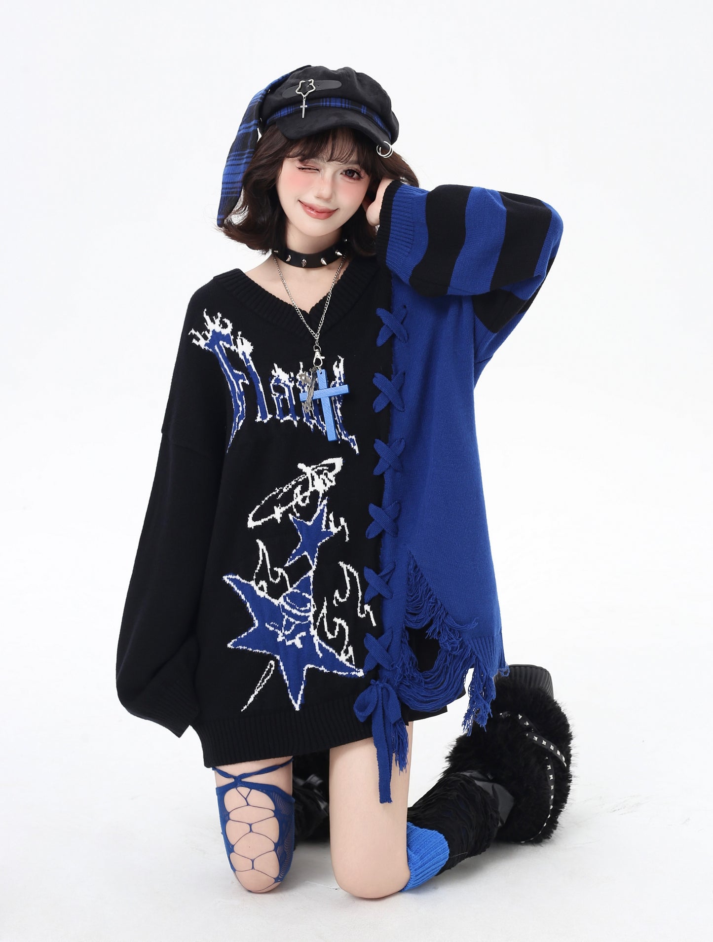 ゆるギャル系 Vネック配色リボンニット♡秋冬甘辛ミックス