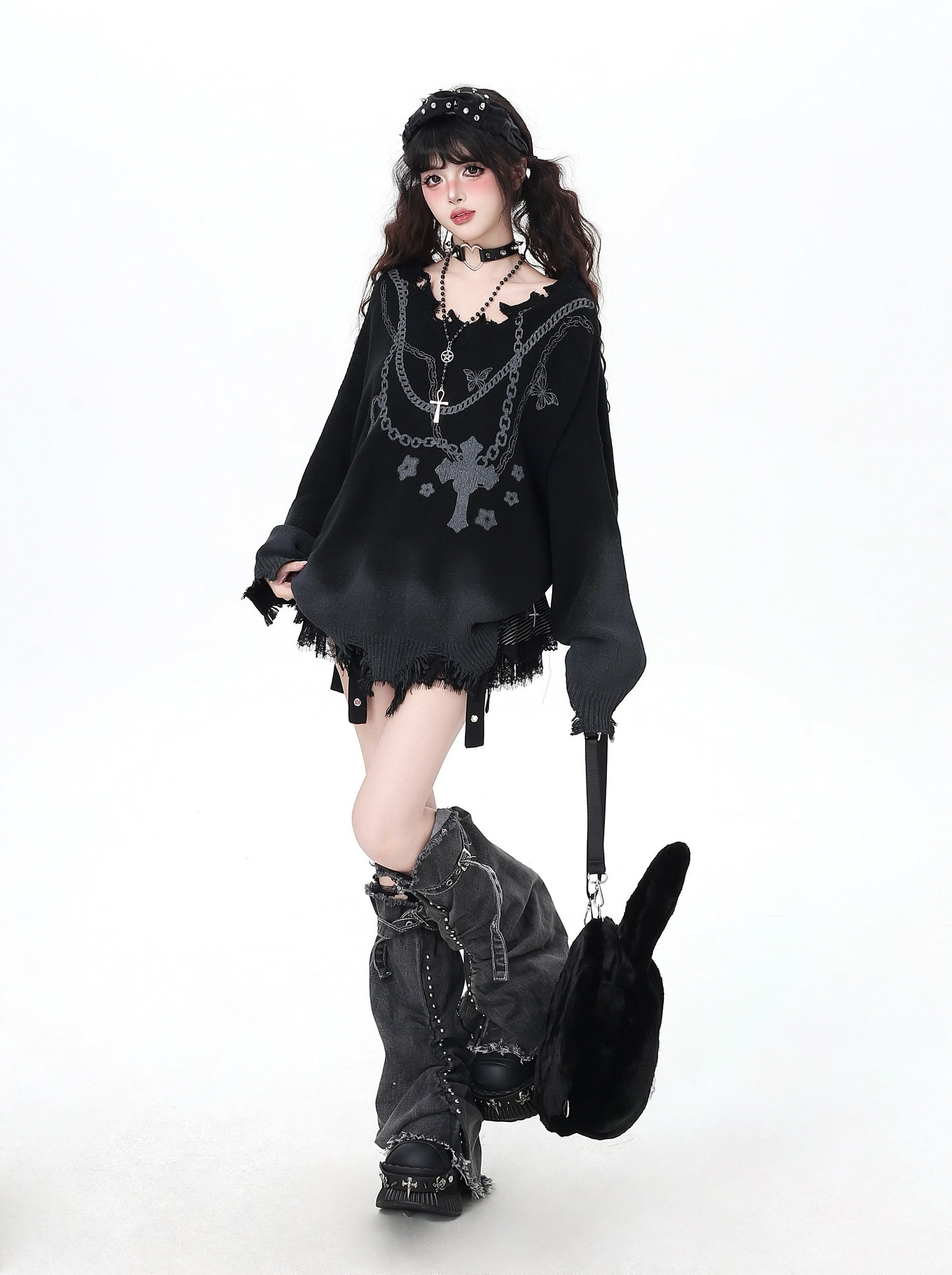 ゴスチェーン×グラデ破れデザインゆるニット