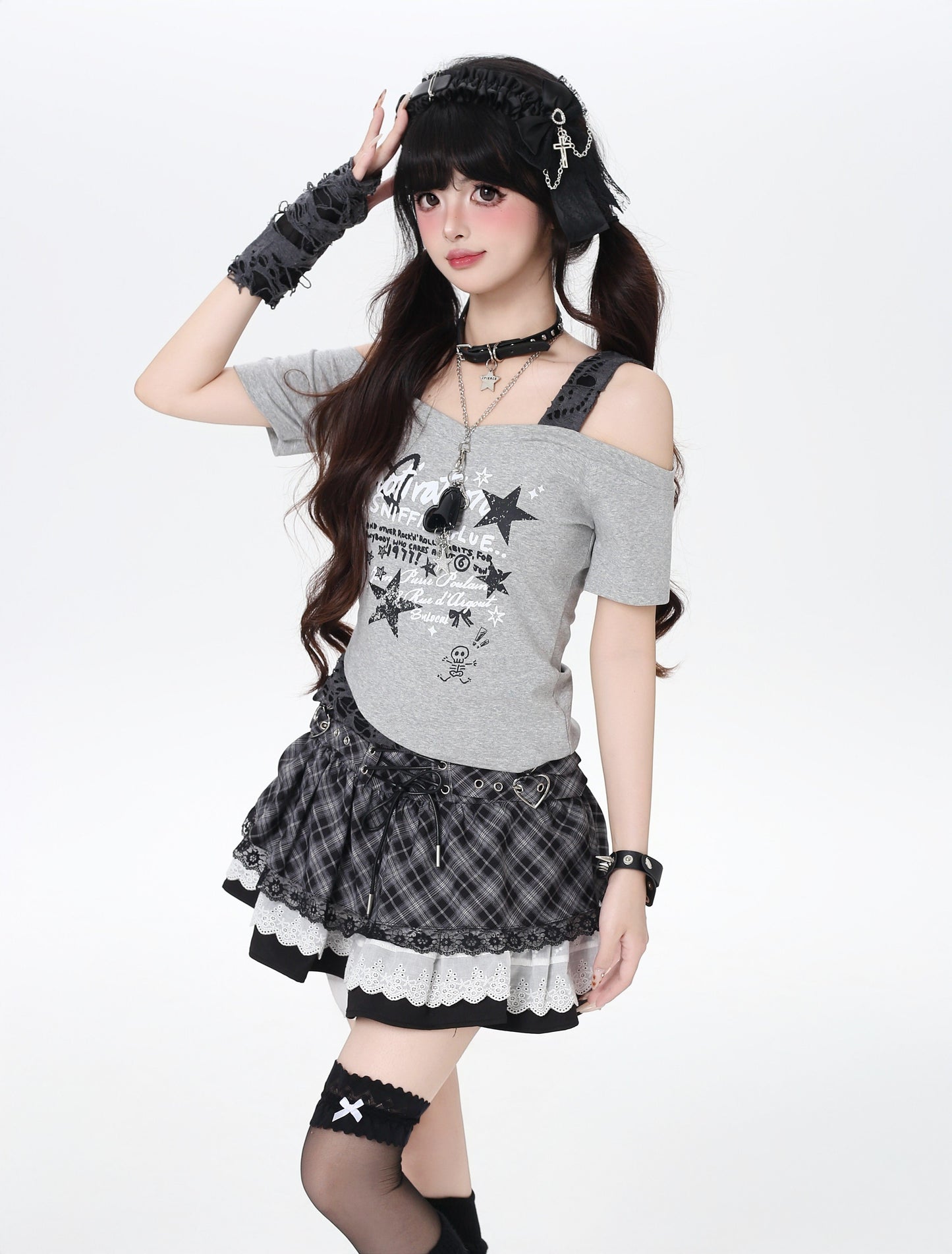 星柄フェイクレイヤード肩出しTシャツ