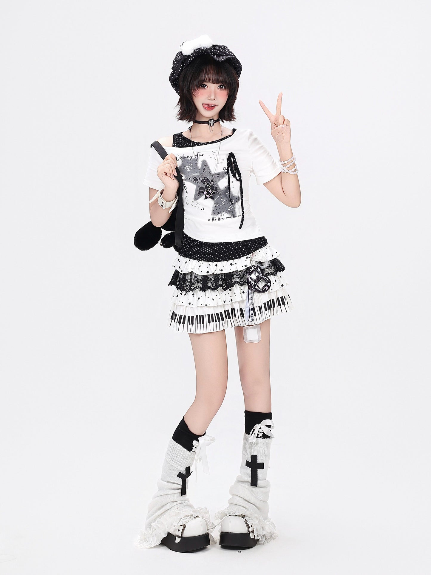 アシメ星柄ダメージTシャツ