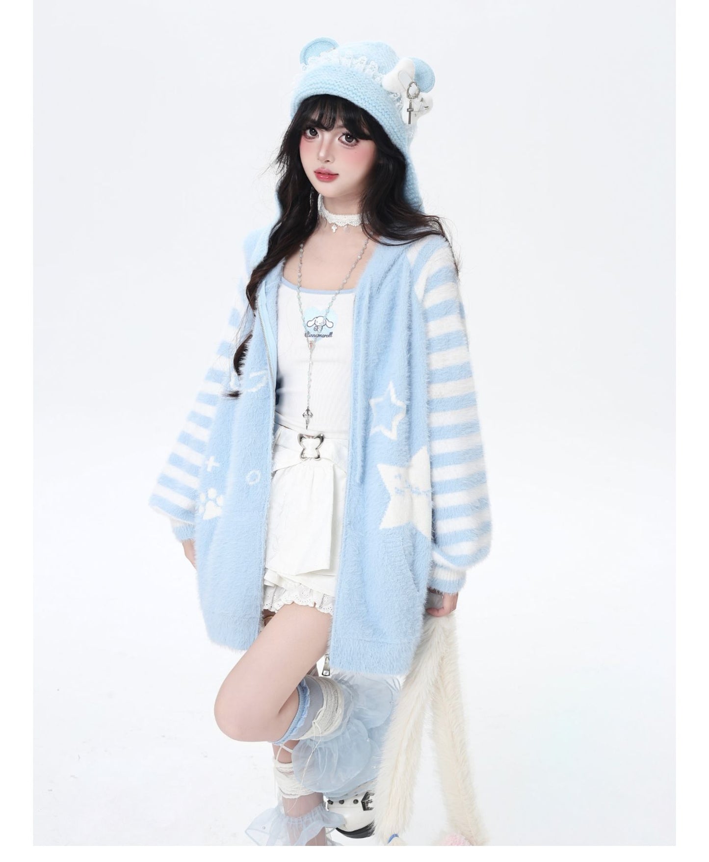 星柄ボーダーVネックフーディーニットカーデ