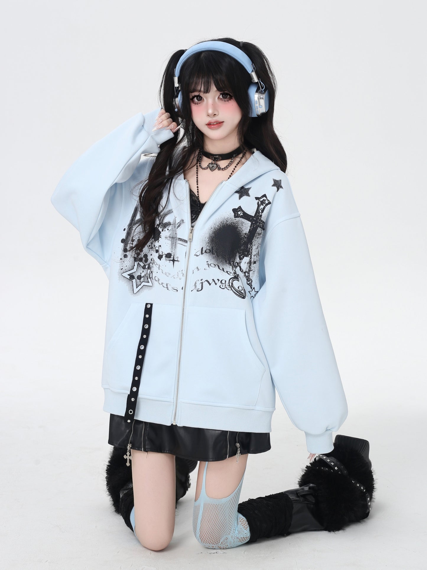 地雷系ダーク系初秋ジップパーカー ニッチギャル服