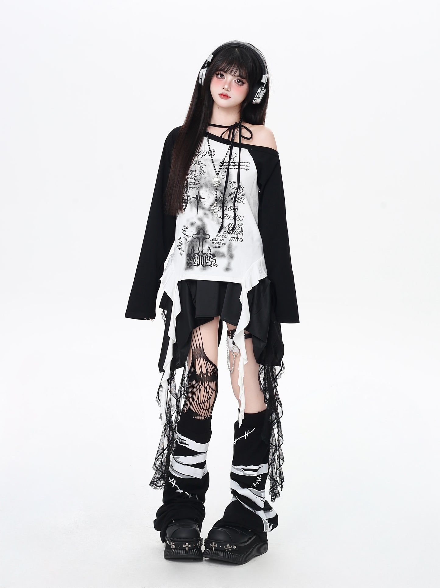 レトロY2K斜め肩ホルターネック配色ゆる細見えTシャツ秋