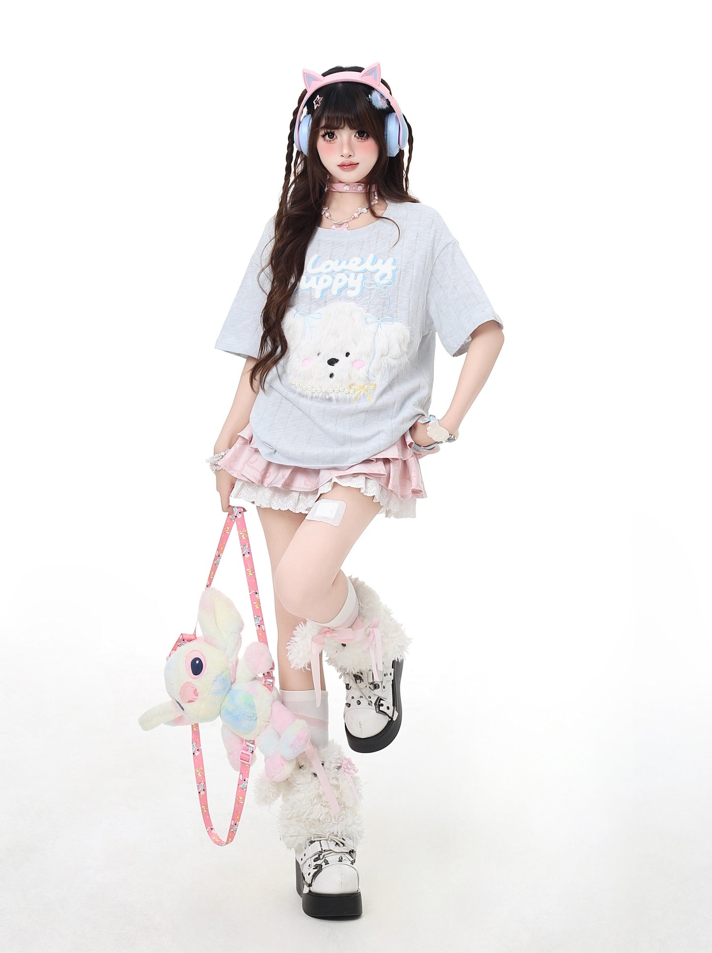 ふわふわ犬のデザインゆるTシャツ(微透け)