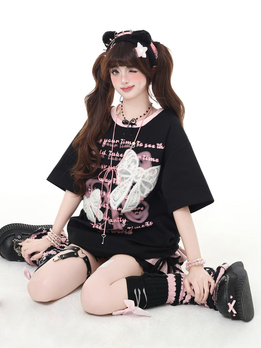 ドローストリング×リボン刺繍 ゆるシルエットTシャツ