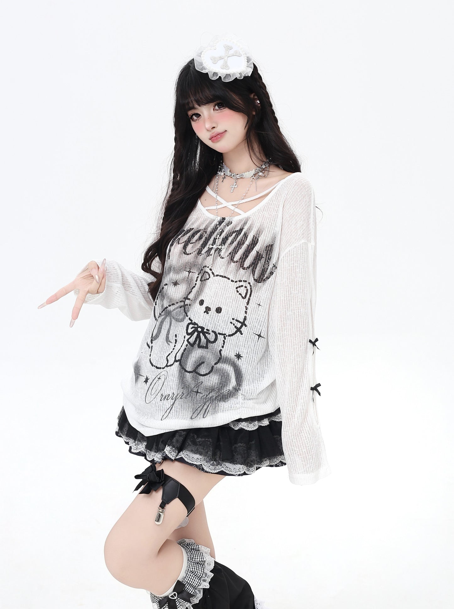 クロスリボン×猫柄シアートップス
