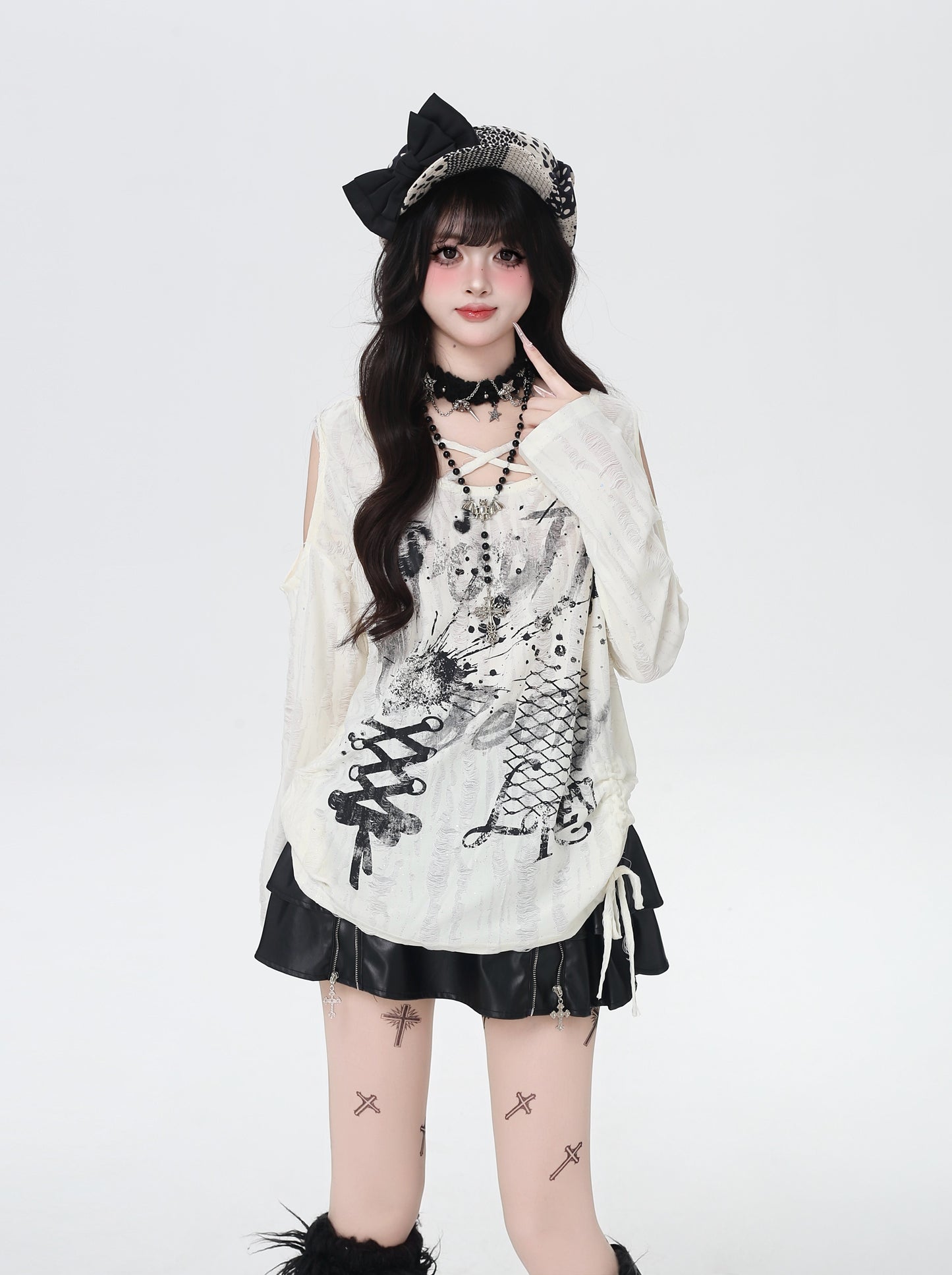 クロス紐×ドロスト オフショル ゆるロンT