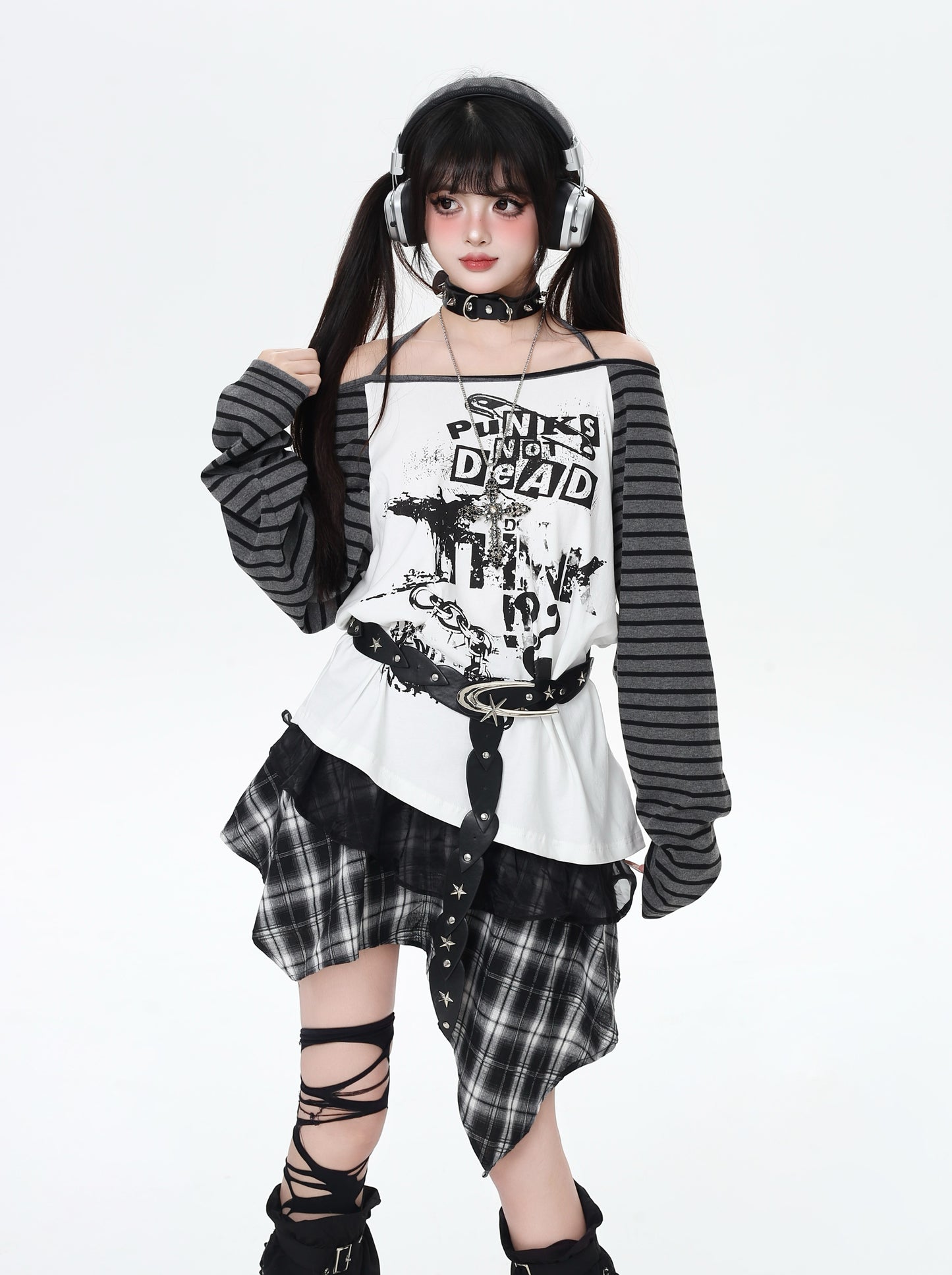 ロック系地雷ストライプホルターネック不規則Tシャツ秋