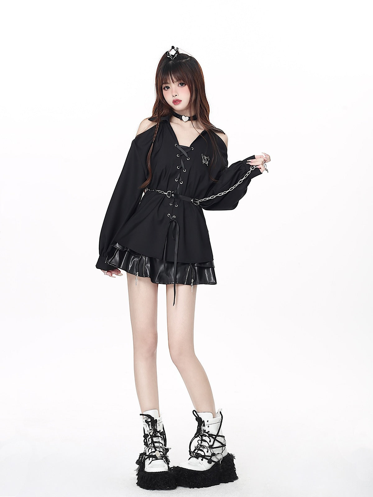 Long shirt with off-the-shoulder straps