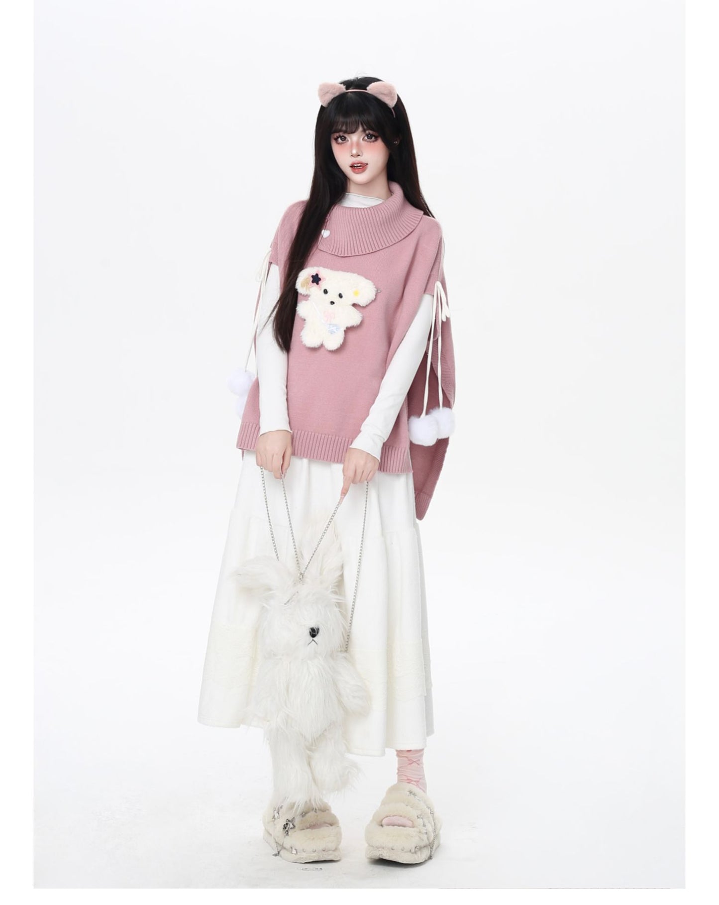 もこもこ犬モチーフニットポンチョ♡ゆるかわハイネックケープ冬