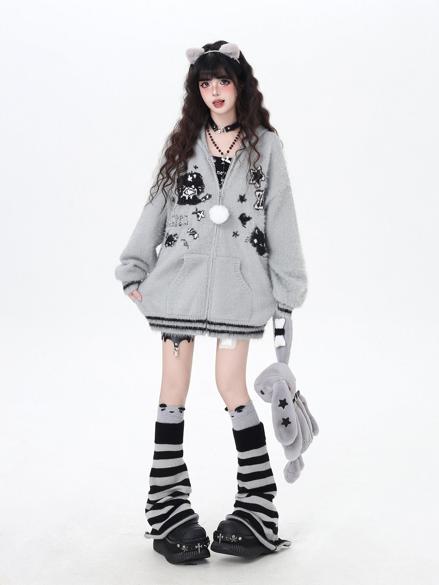 うさ耳フーディー付きゆるカワカーディガン秋冬