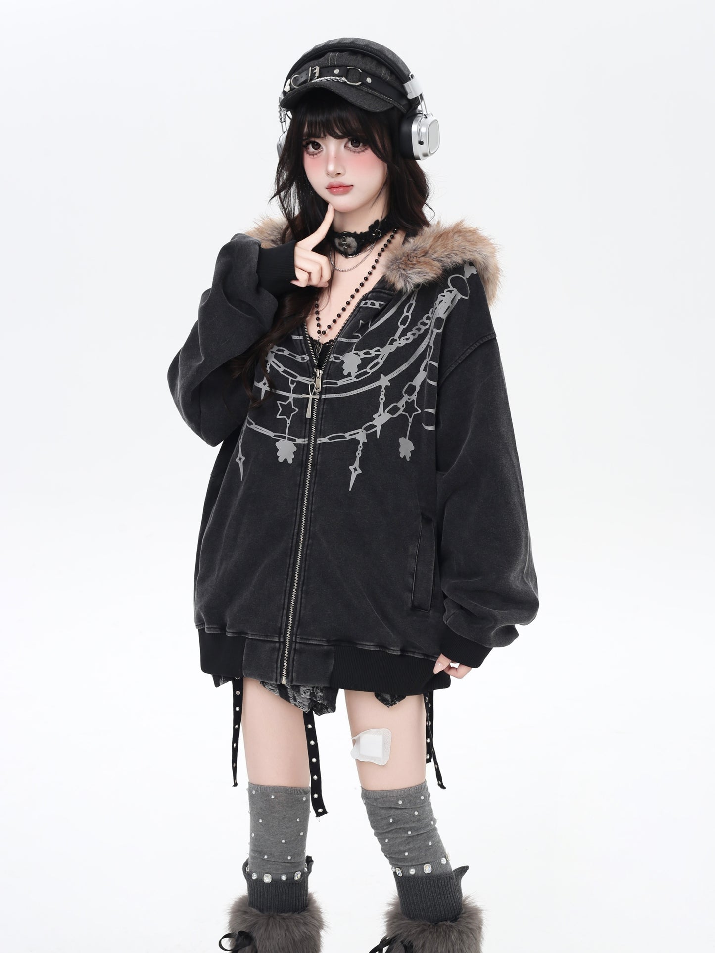 レトロストリート ネックレスプリント ヴィンテージ加工 オーバーサイズパーカー 秋冬