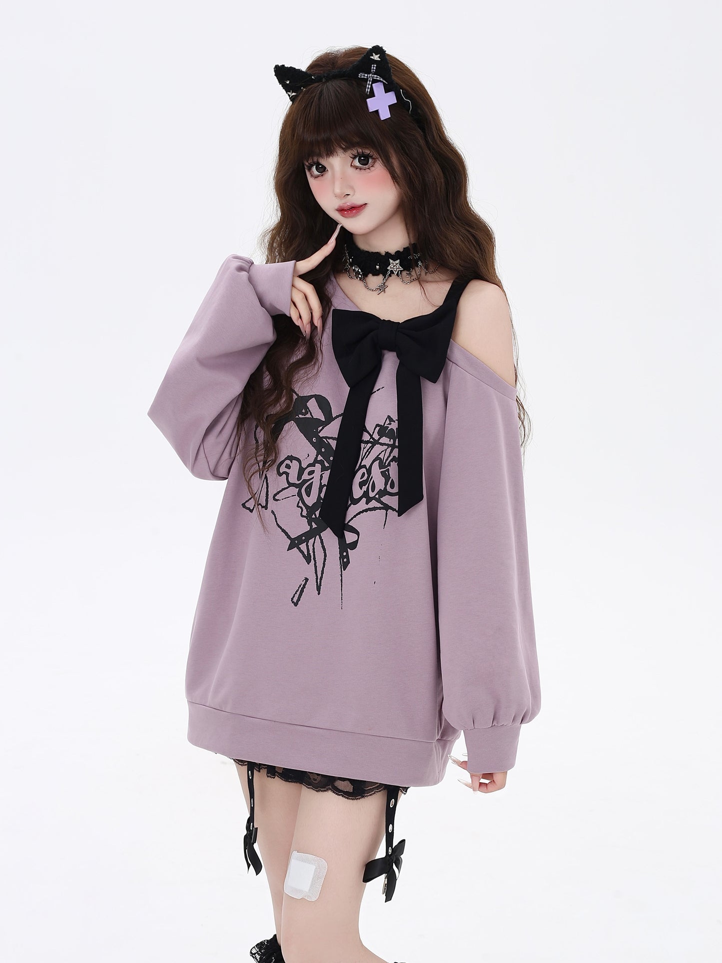 黒紫ビッグリボン露肩ロングスウェット