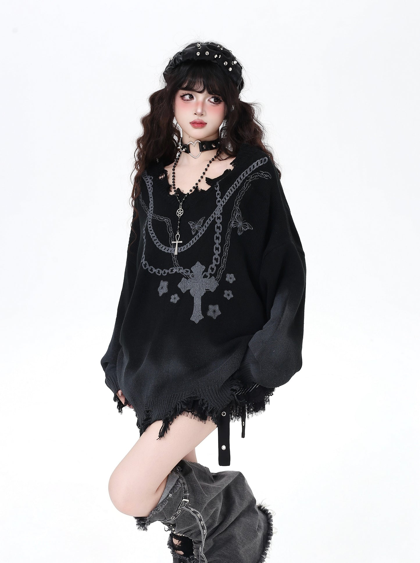 ゴスチェーン×グラデ破れデザインゆるニット