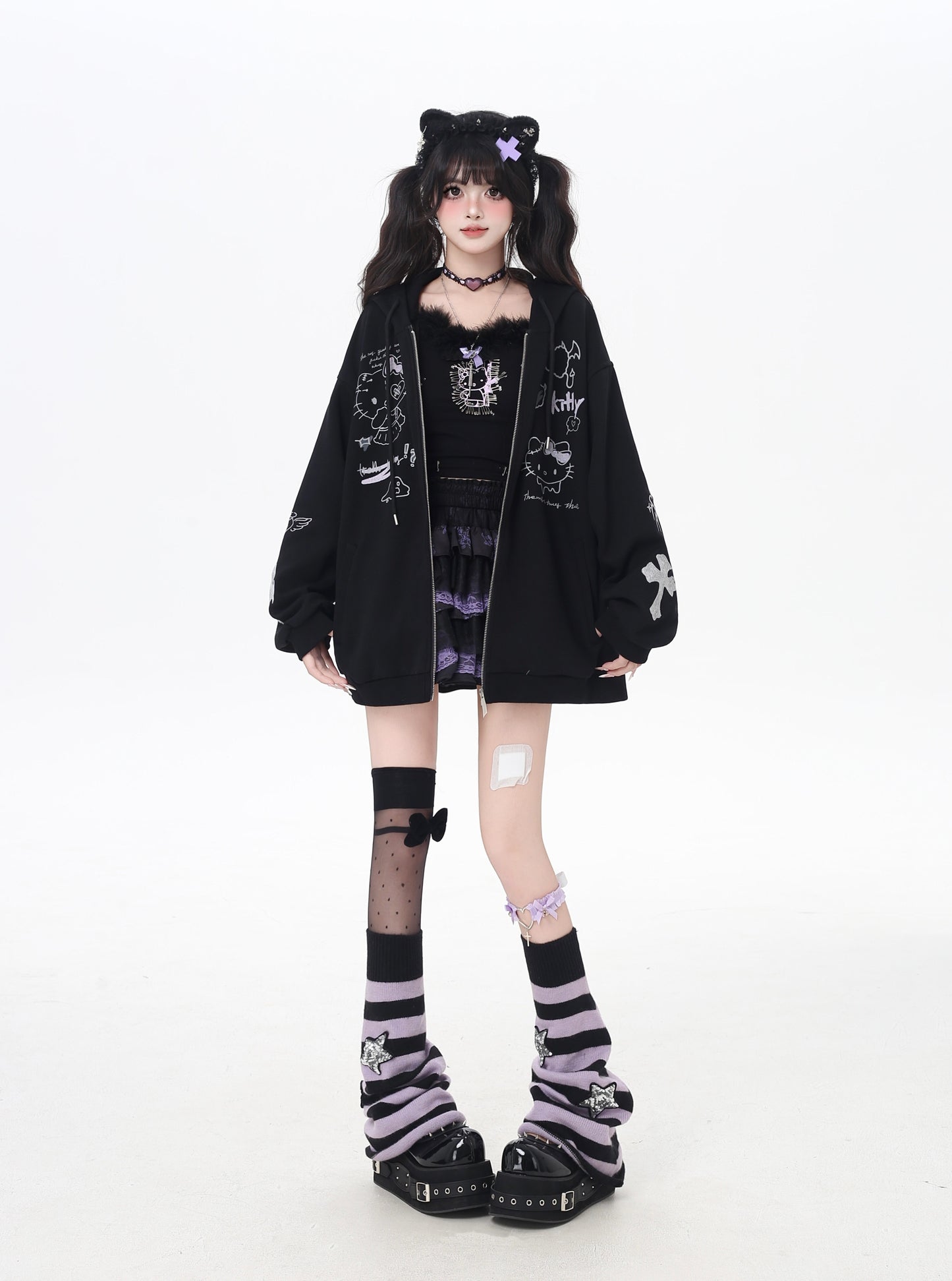 地雷系ダークキャット 黒グレーゆるパーカー 秋のジップアップ