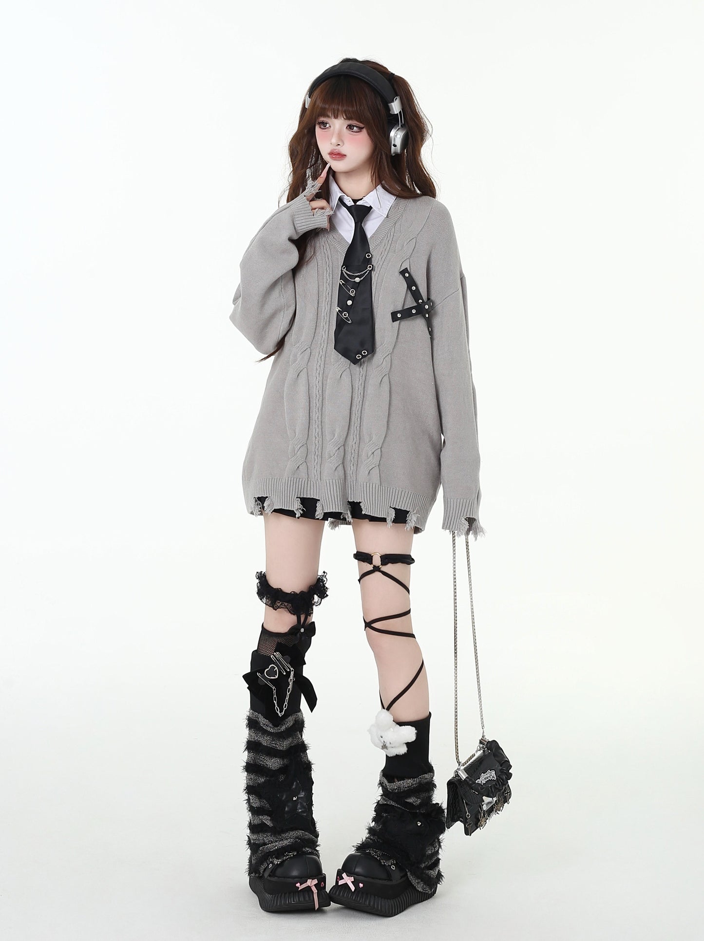 学院系シャツ風フェイクレイヤードニットトップス
