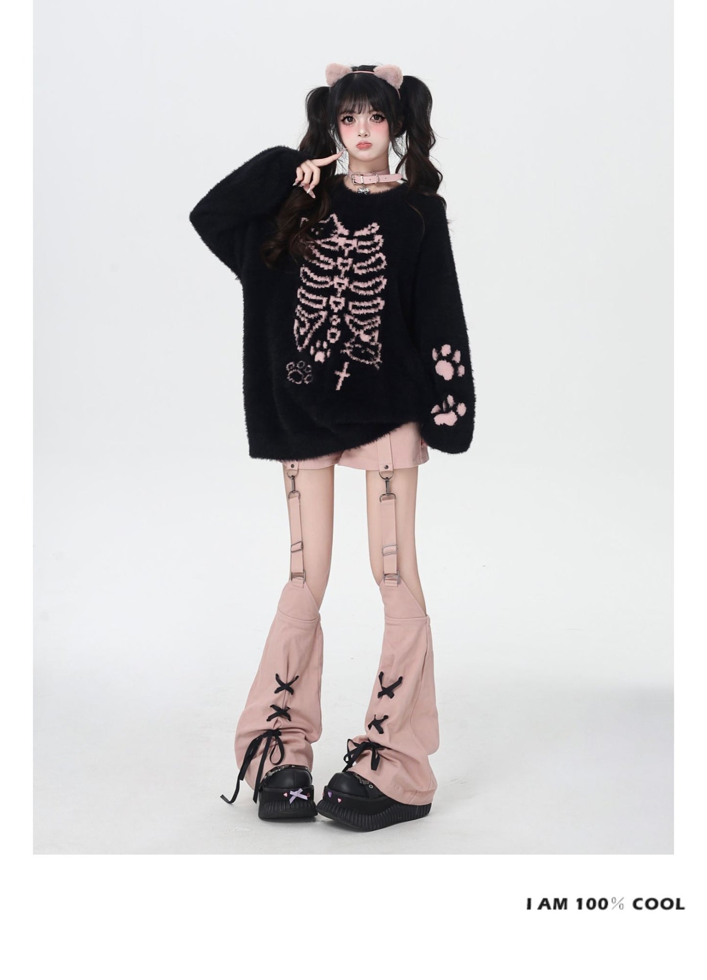 ふわふわネコモチーフ丸首ゆるニット 秋冬ガーリー