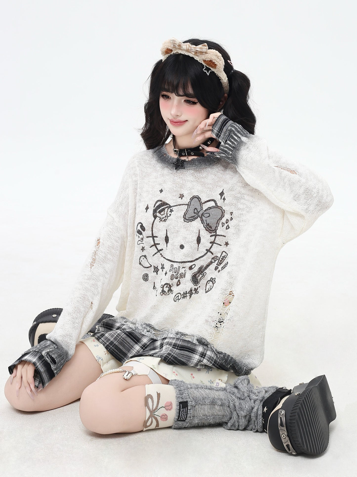 かわいい猫柄×チェック切替グラデニットカーデ