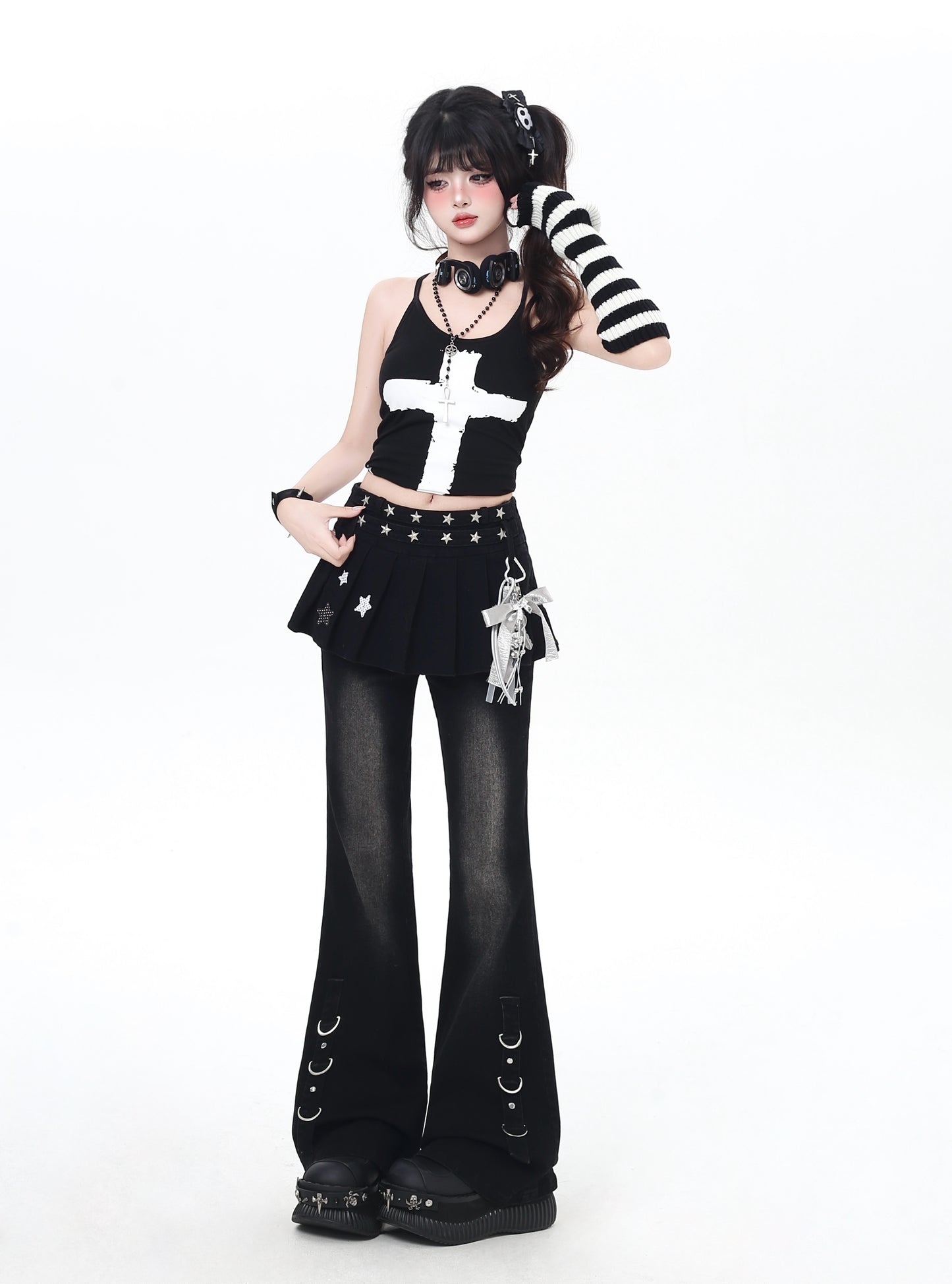 オリジナル地雷風フェイクレイヤード美脚デニムパンツ