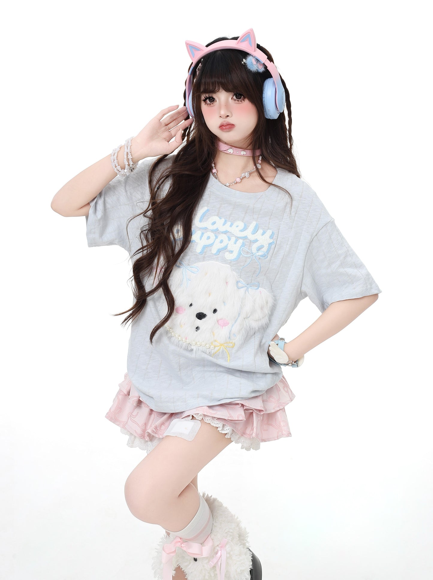 ふわふわ犬のデザインゆるTシャツ(微透け)