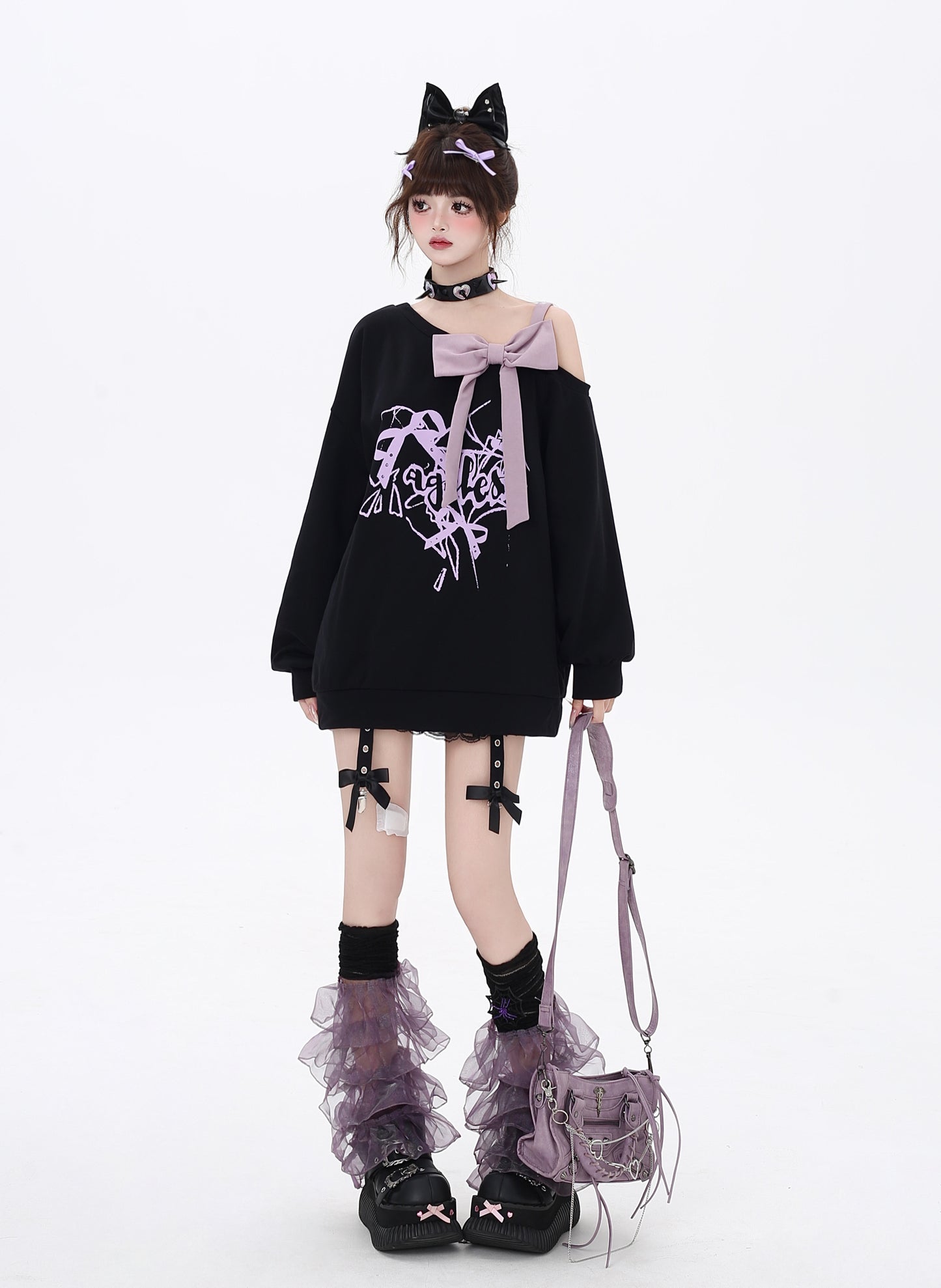 黒紫ビッグリボン露肩ロングスウェット