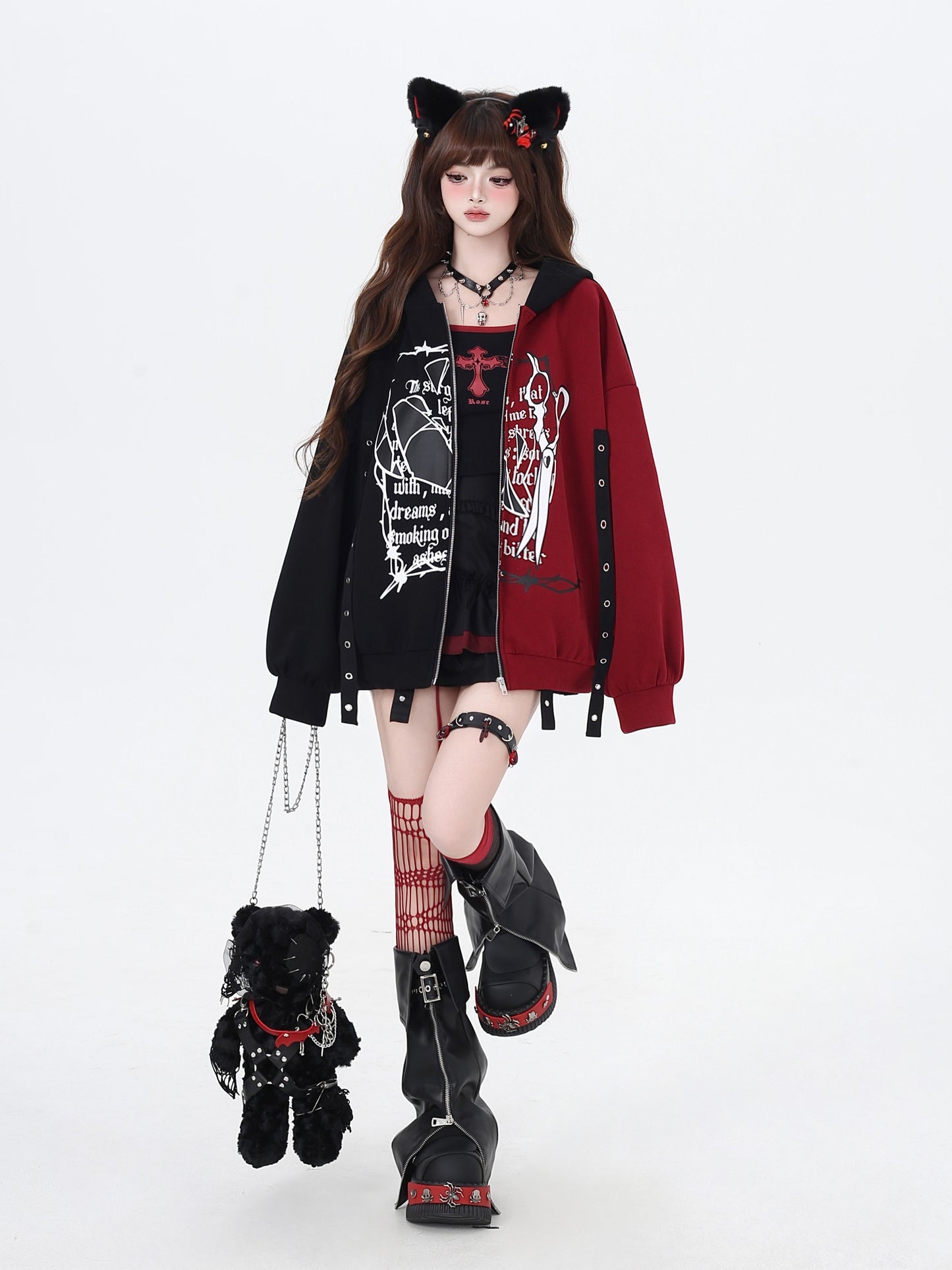 個性派フード付きオーバーサイズカラーブロックパーカー