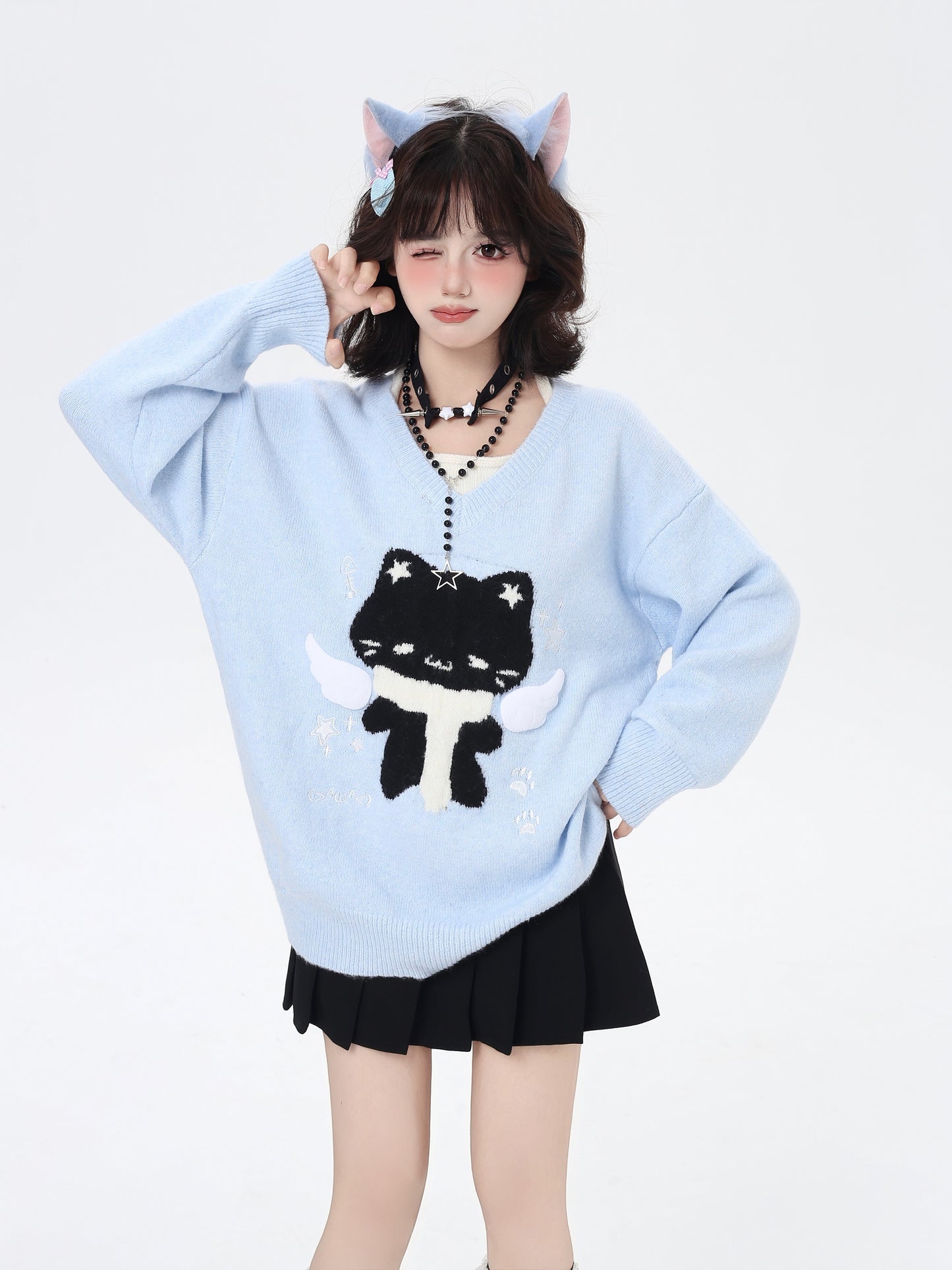 🐾キャット刺繍Vネックレイヤード風ニット|甘辛ガーリー
