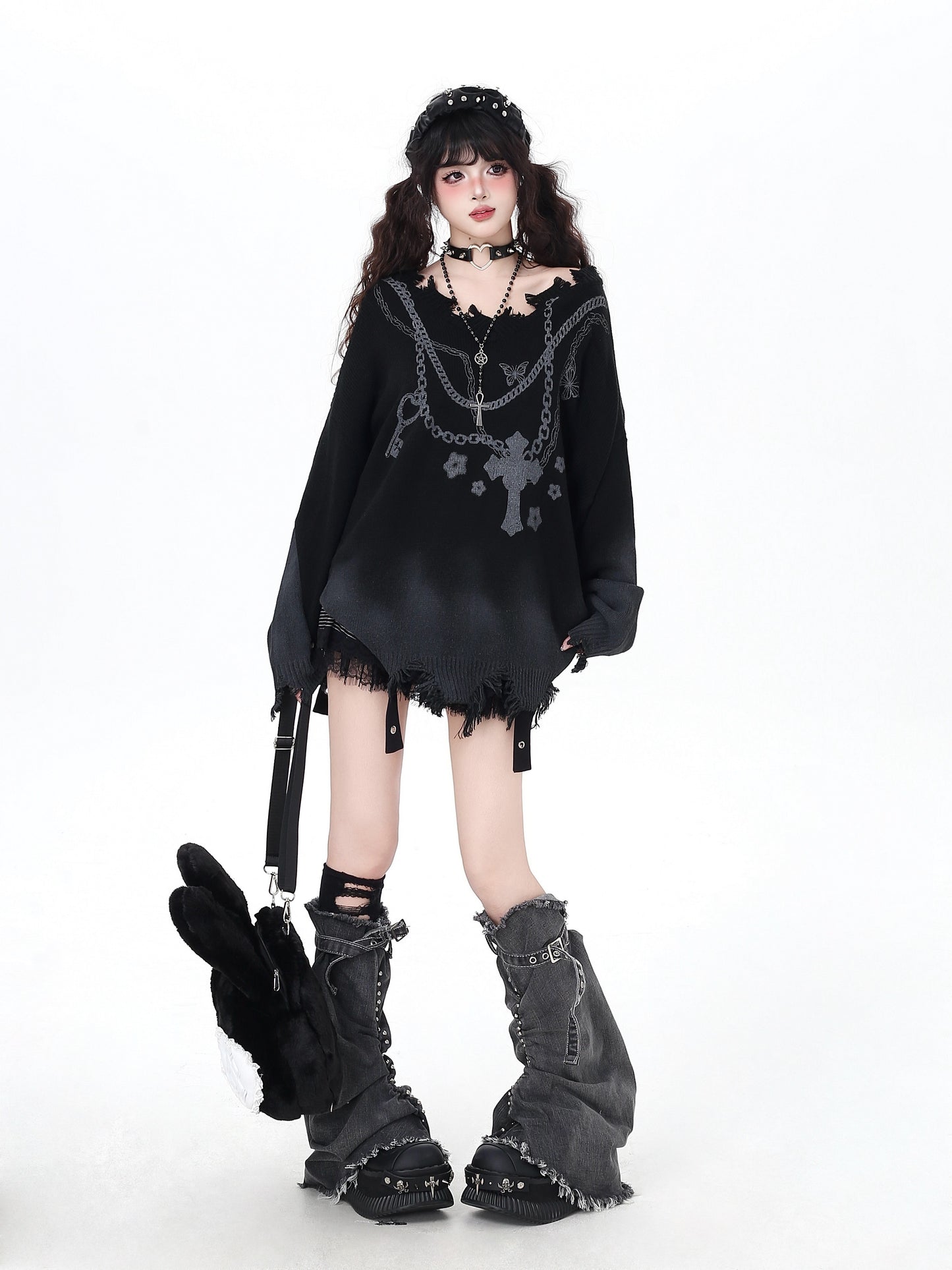 ゴスチェーン×グラデ破れデザインゆるニット