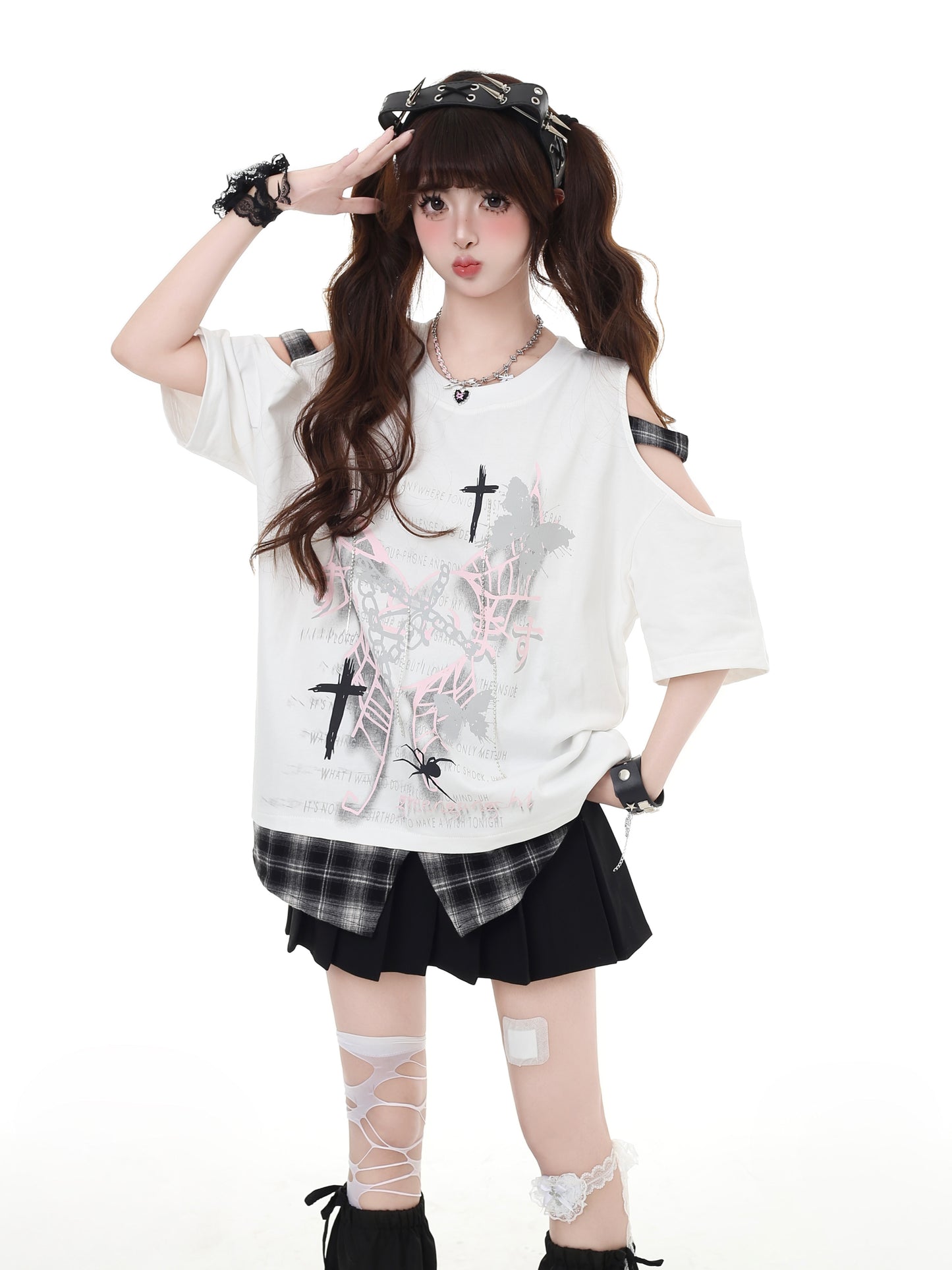 パンク風チェック柄オープンショルダーゆったりTシャツ