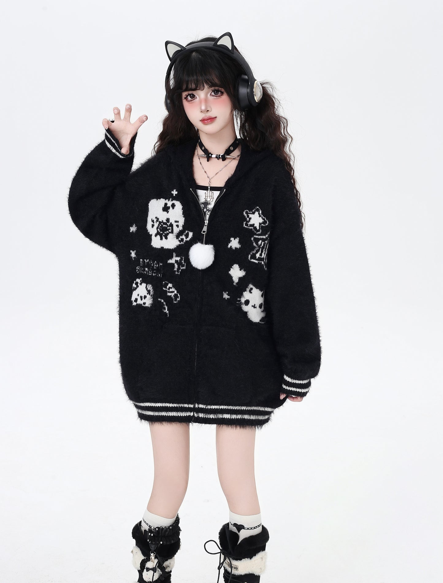 うさ耳フーディー付きゆるカワカーディガン秋冬