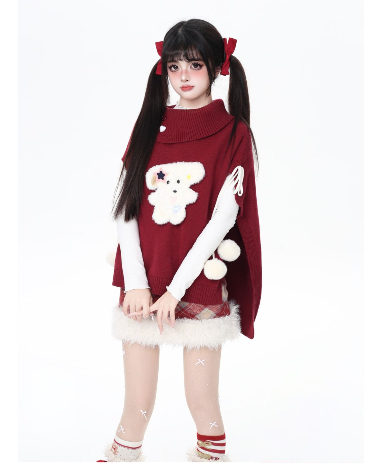 もこもこ犬モチーフニットポンチョ♡ゆるかわハイネックケープ冬