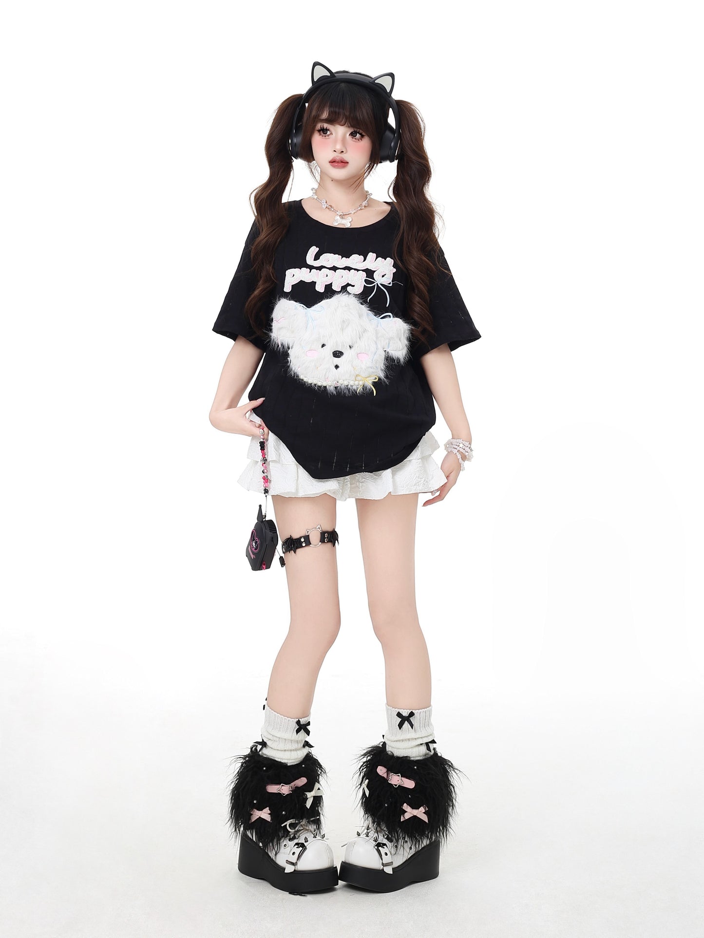 ふわふわ犬のデザインゆるTシャツ(微透け)