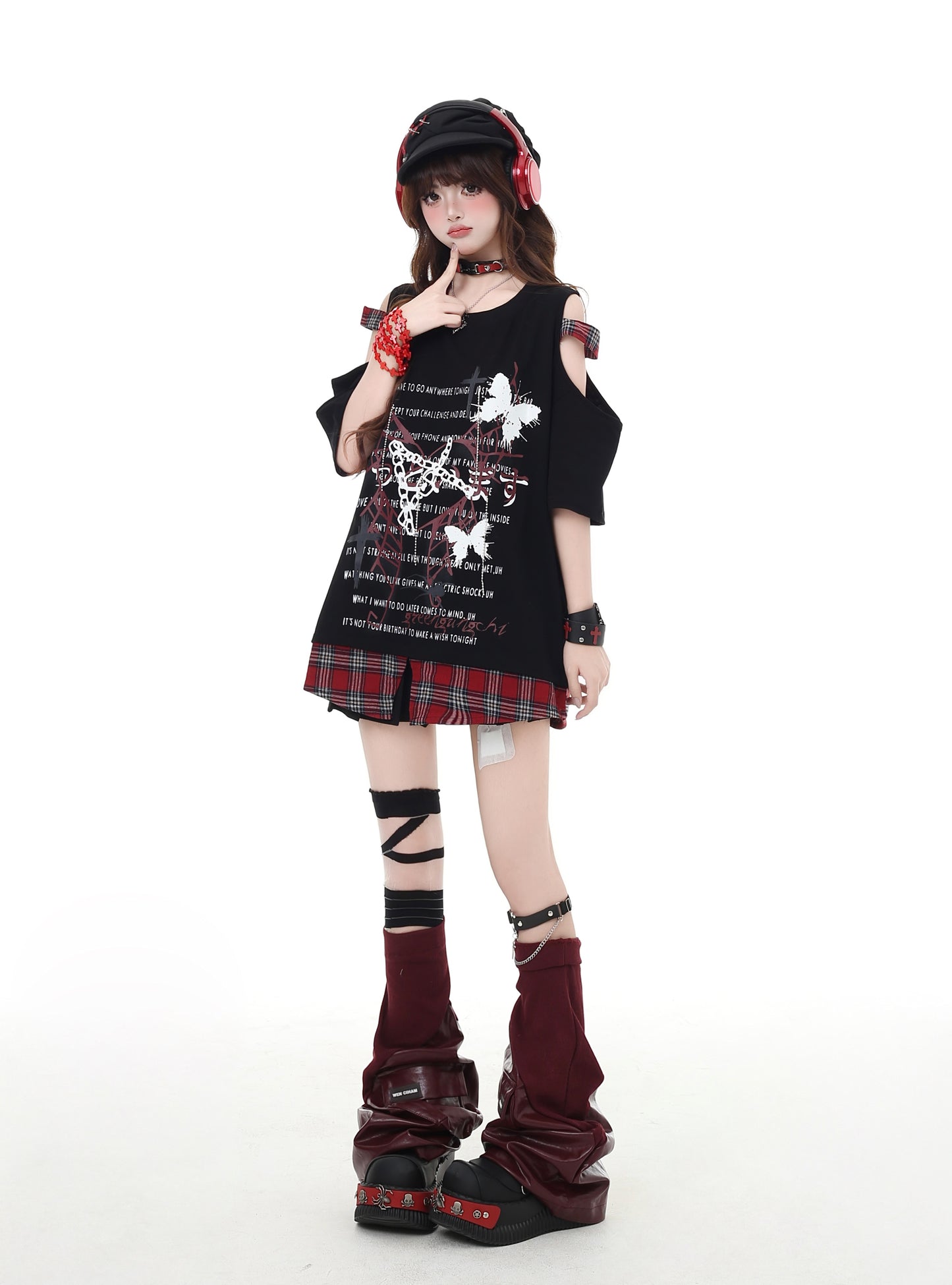 パンク風チェック柄オープンショルダーゆったりTシャツ