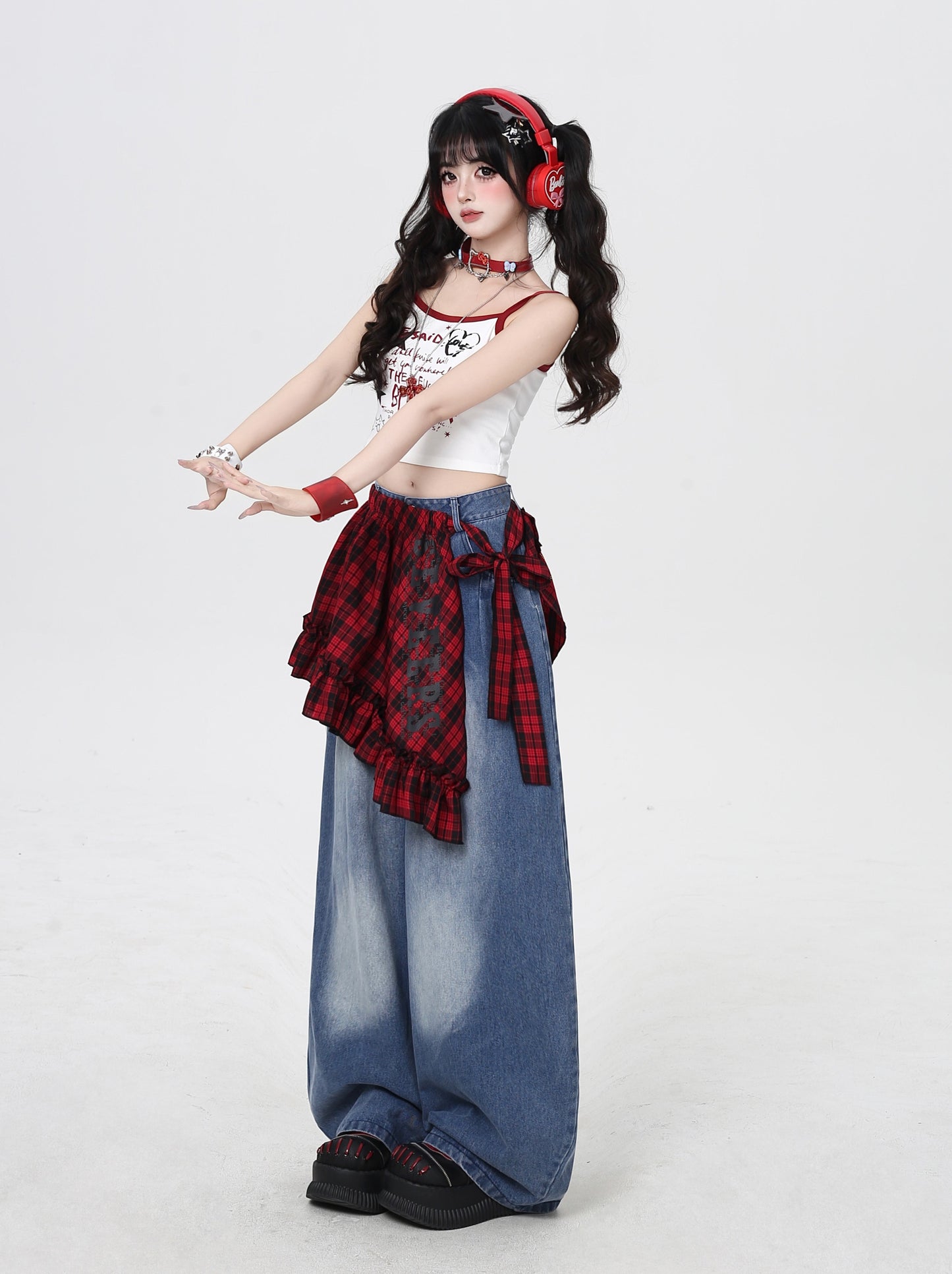 レイヤード風チェック×レース ストリート審美デニムパンツ