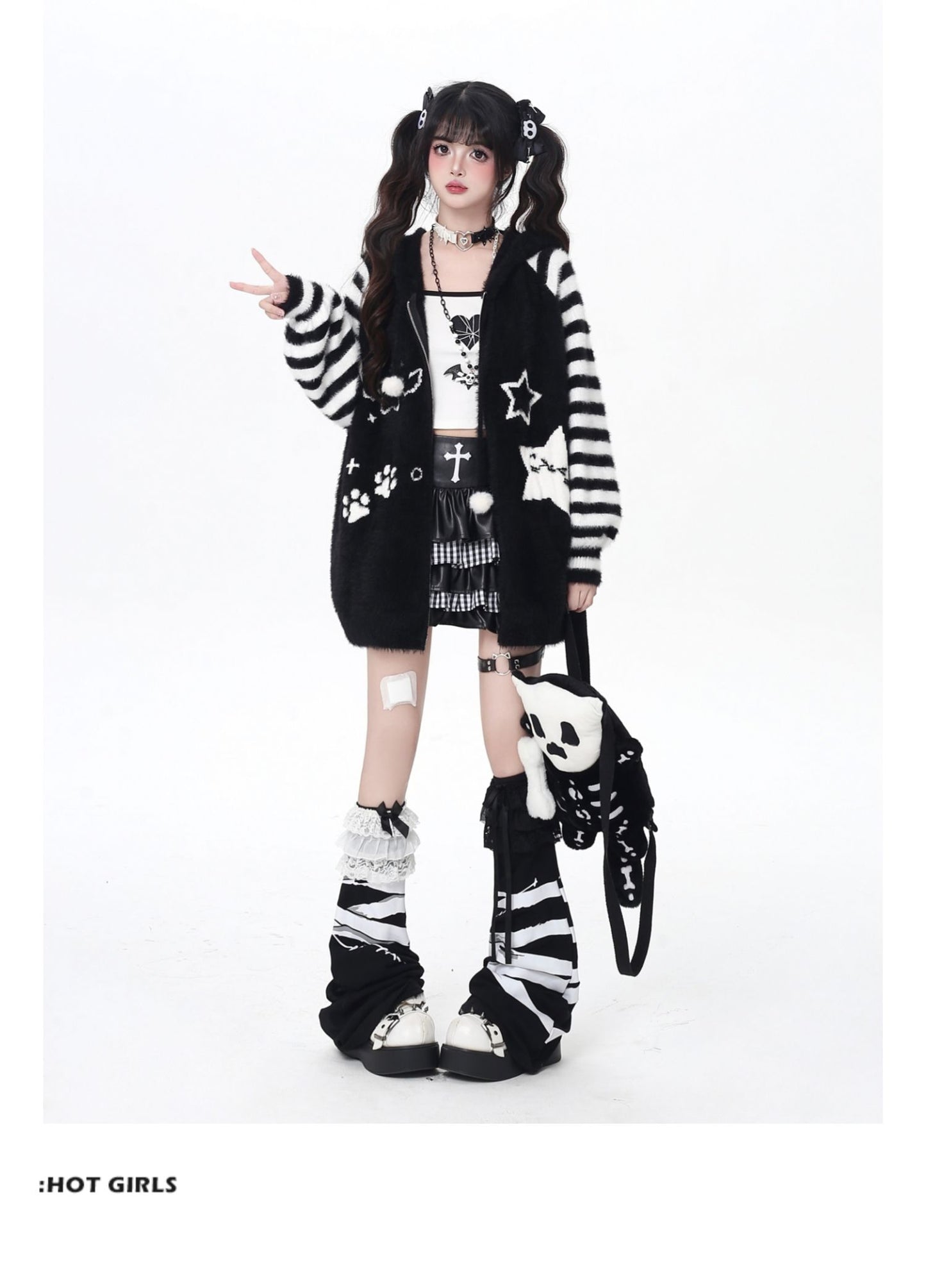 星柄ボーダーVネックフーディーニットカーデ