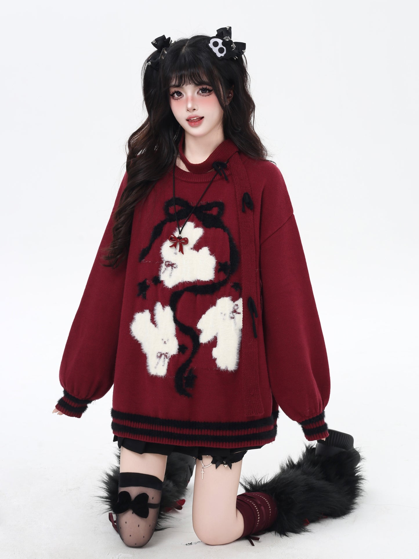 ゆる地雷 うさみみ×リボン ニットセーター 秋冬 オーバーサイズ 量産型 Y2Kコーデ