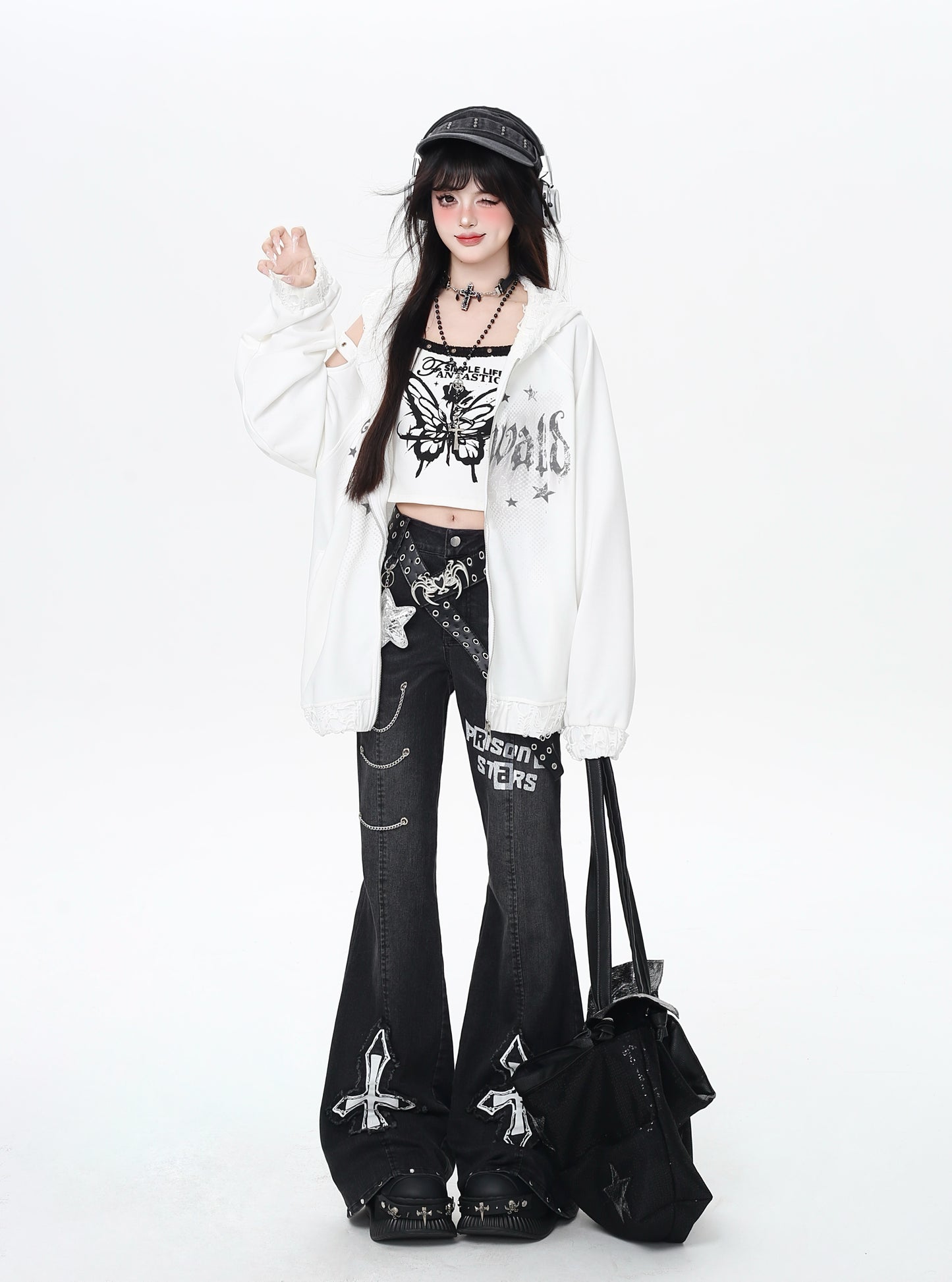 オリジナル甘辛Y2Kチェーンハイウエストデニムフレアパンツ