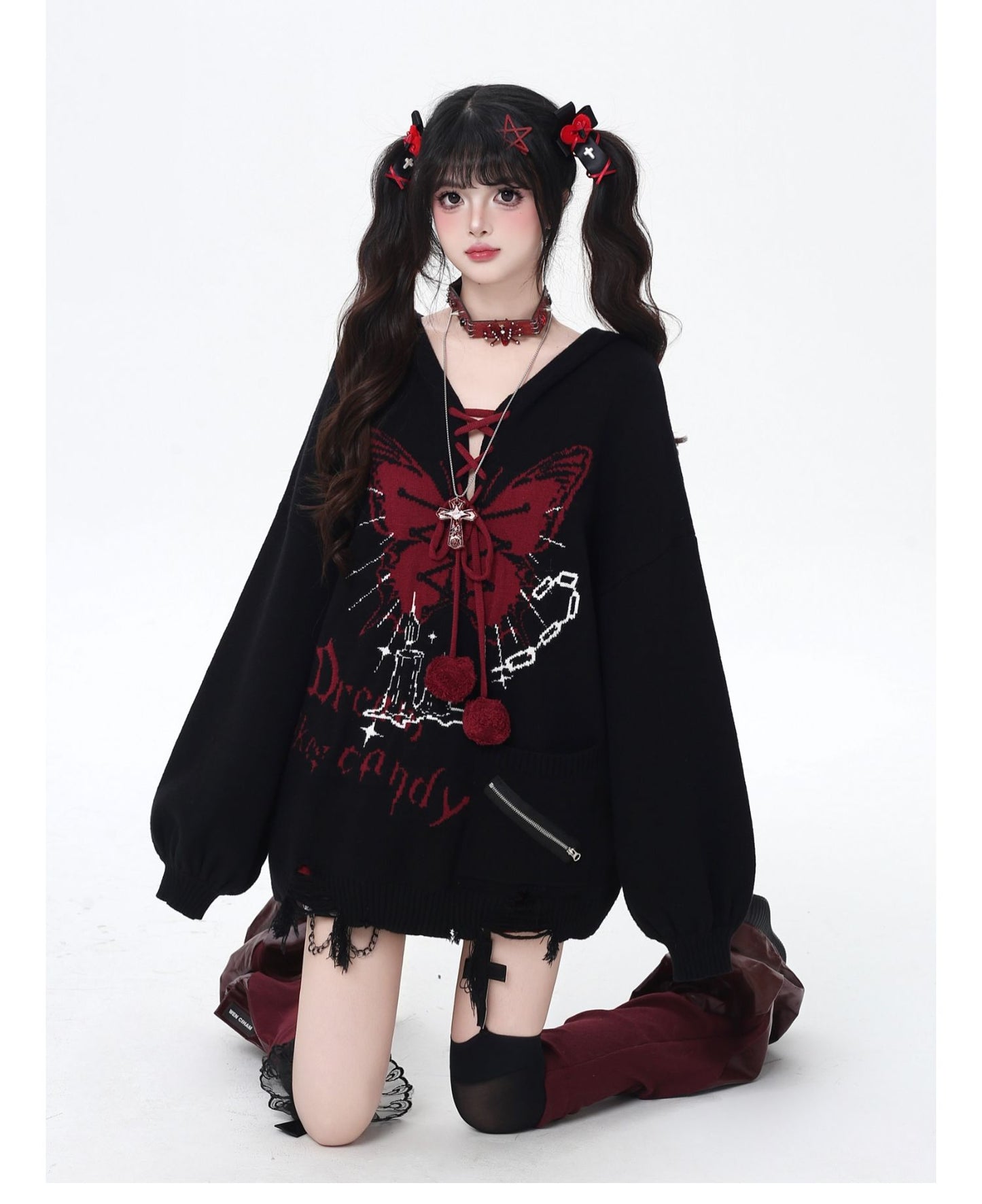 🦋Vネックリボンフーディゆる甘ニットカーデ