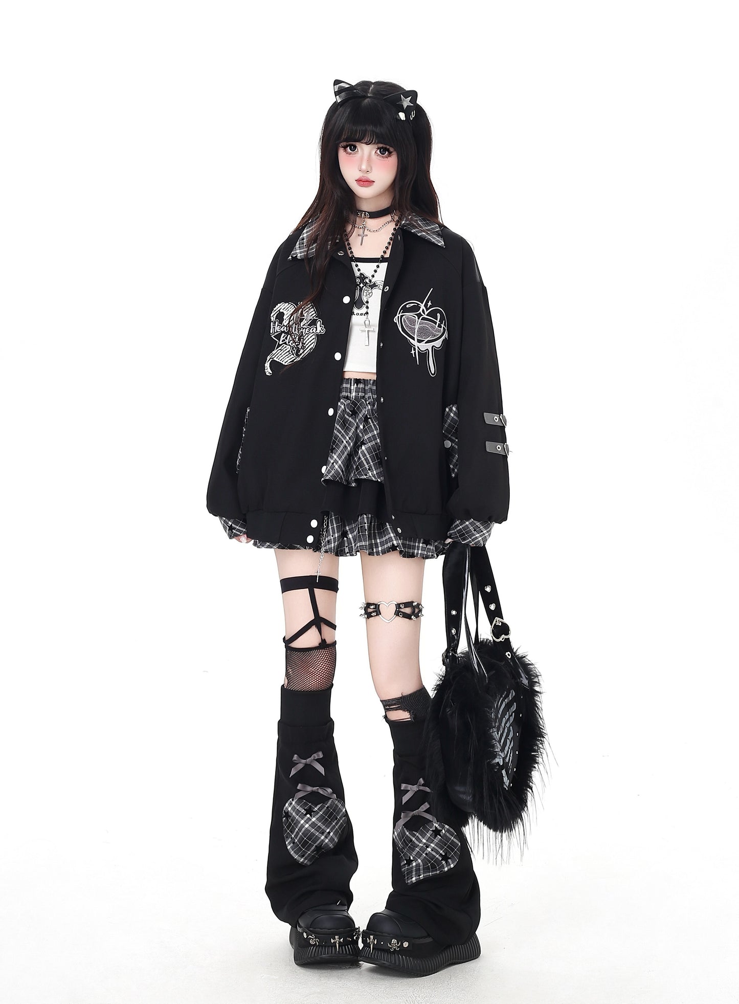 刺繍チェックパッチワークベースボールジャケット