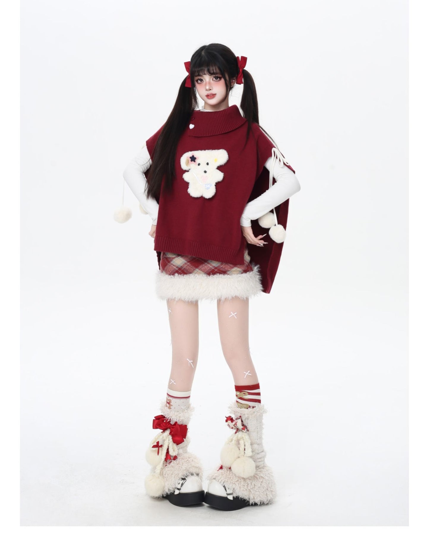 もこもこ犬モチーフニットポンチョ♡ゆるかわハイネックケープ冬