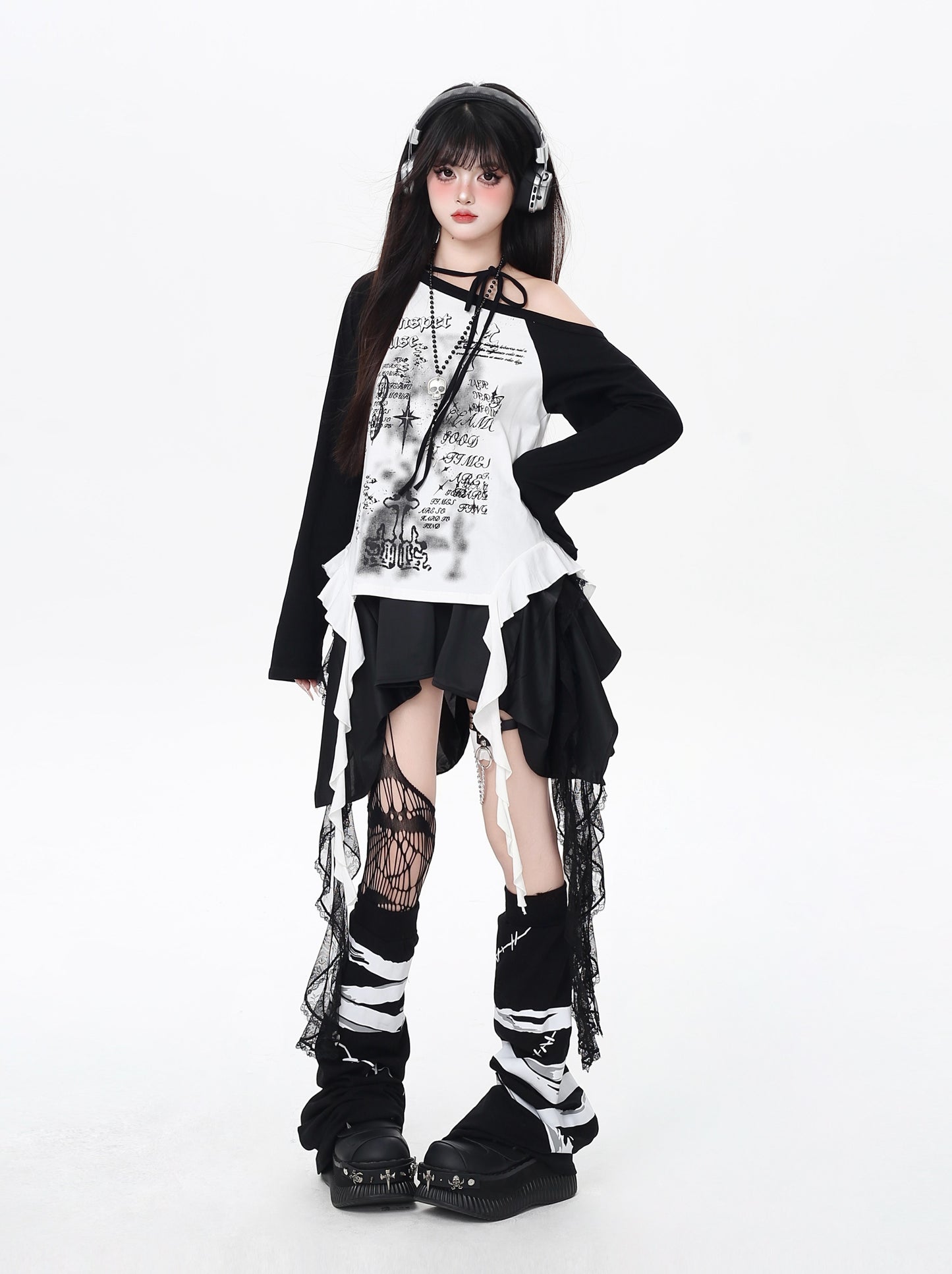 レトロY2K斜め肩ホルターネック配色ゆる細見えTシャツ秋